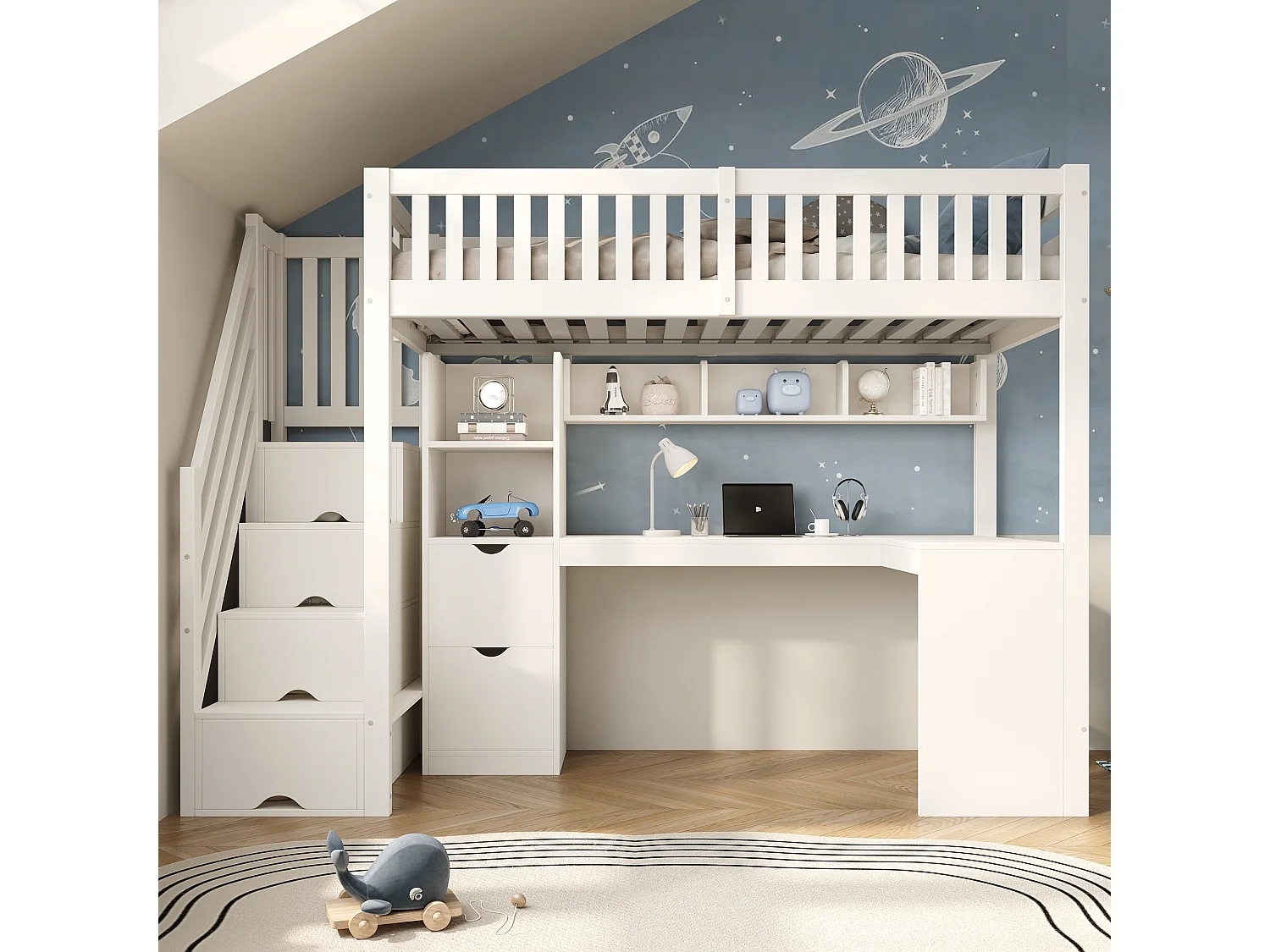 Loft bed 90 x 200 cm with 2 drawers, shelves, corner desk and drawers – Solid wood, plywood and MDF – White (Mattress not included)