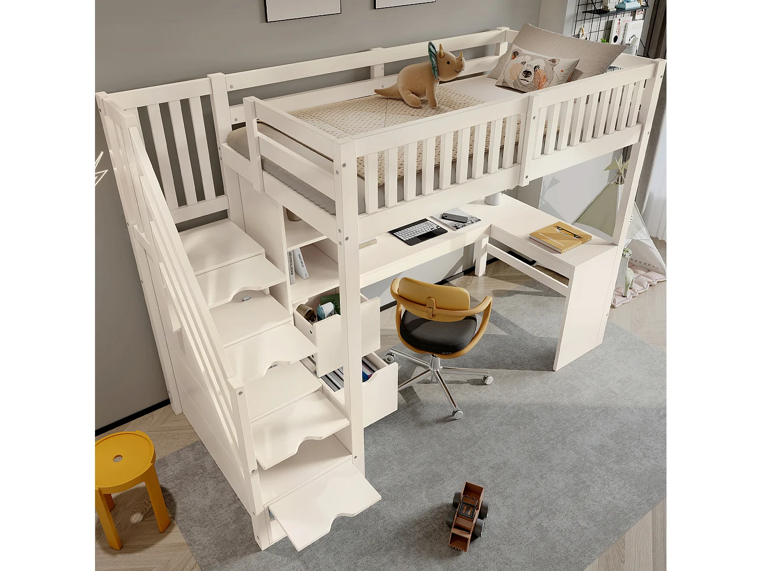 Loft bed 90 x 200 cm with 2 drawers, shelves, corner desk and drawers – Solid wood, plywood and MDF – White (Mattress not included)