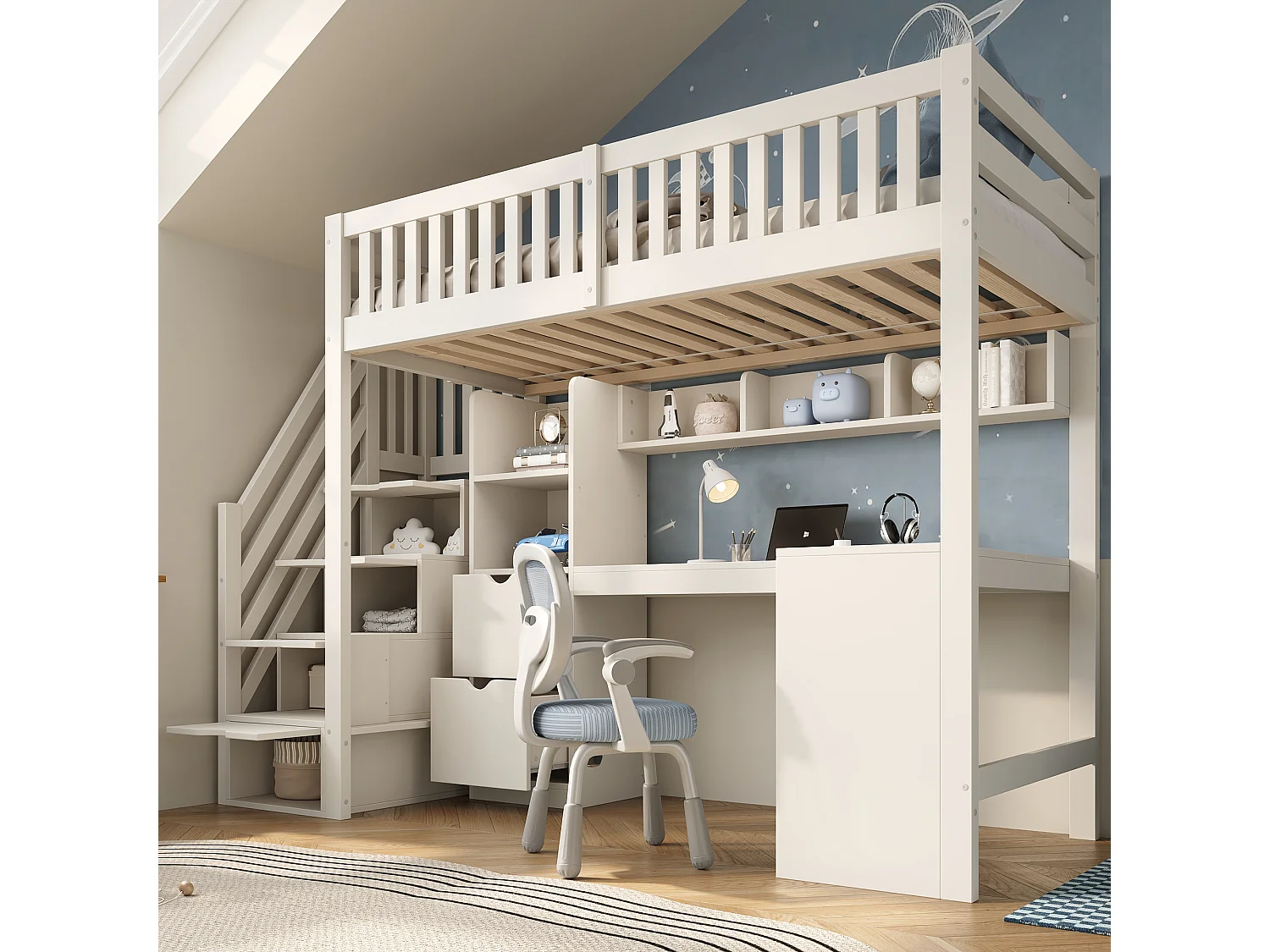 Loft bed 90 x 200 cm with 2 drawers, shelves, corner desk and drawers – Solid wood, plywood and MDF – White (Mattress not included)