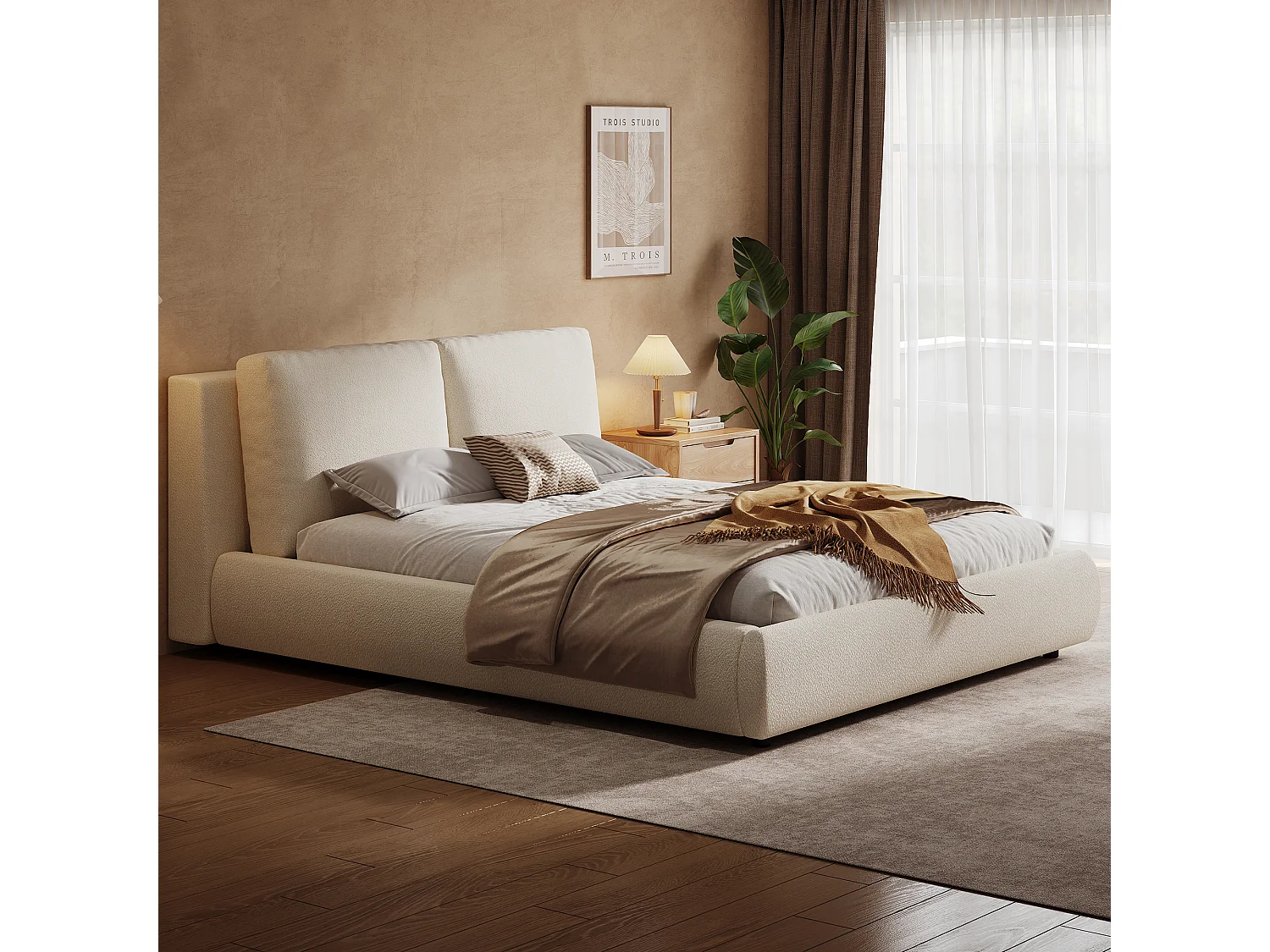 Lit coffre 180 x 200 cm en bouclé avec rangement sous le lit et tête de lit inclinable - Beige (Sans matelas)
