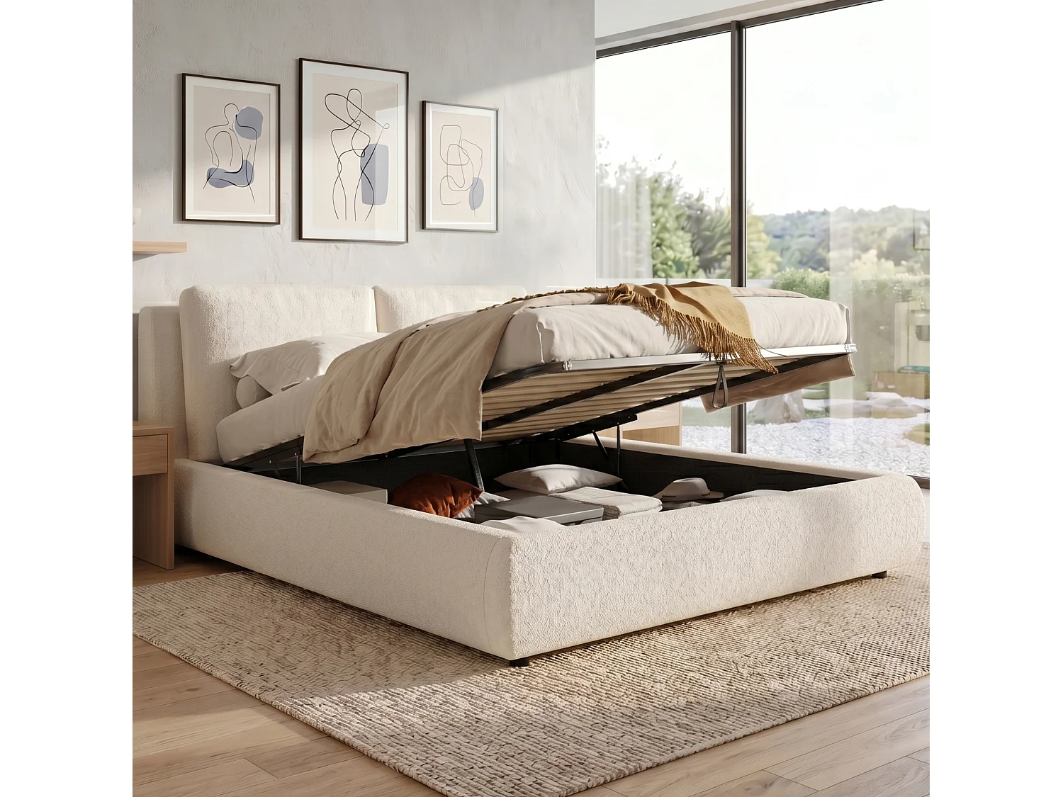 Lit coffre 180 x 200 cm en bouclé avec rangement sous le lit et tête de lit inclinable - Beige (Sans matelas)
