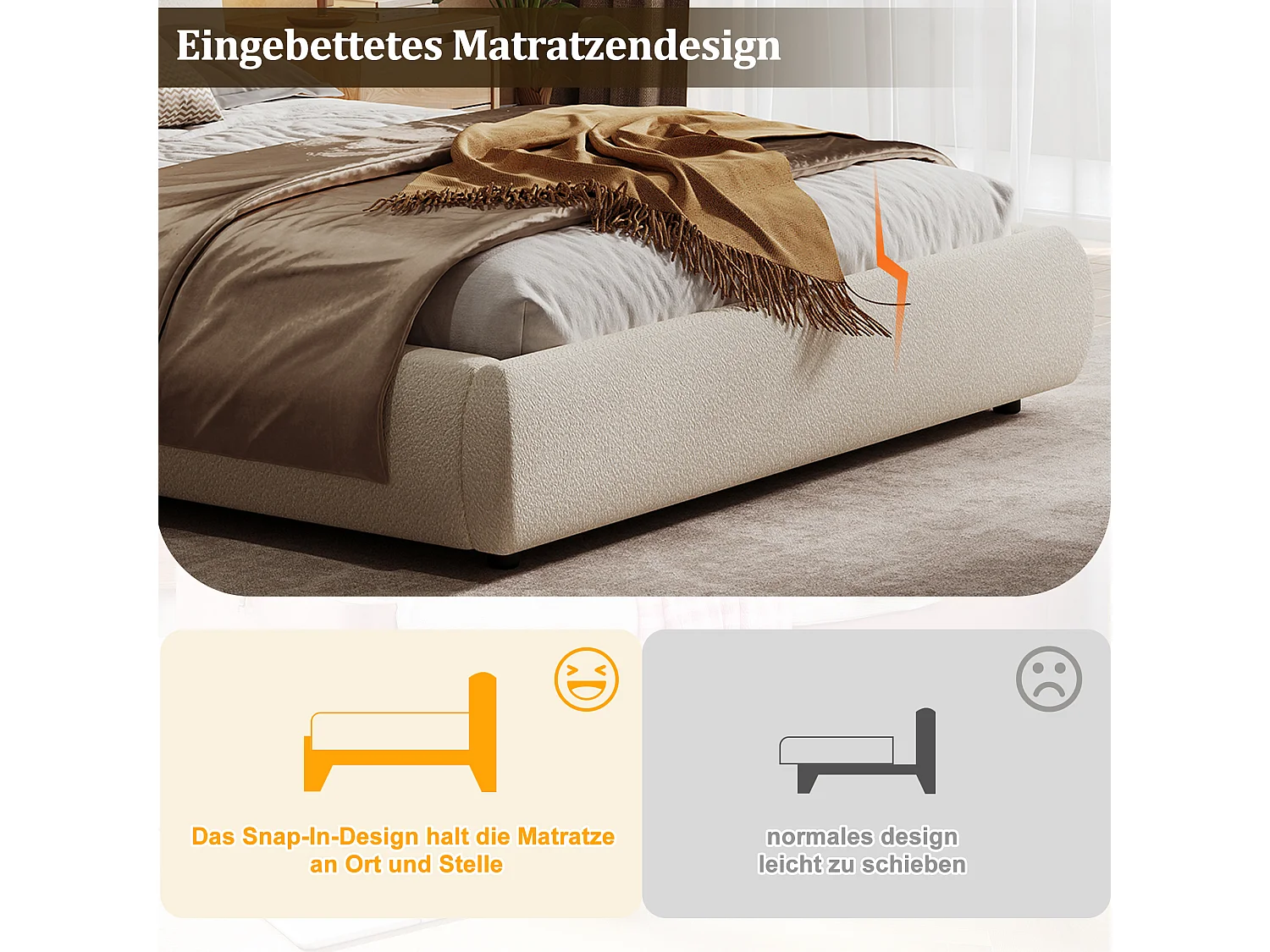 Lit coffre 180 x 200 cm en bouclé avec rangement sous le lit et tête de lit inclinable - Beige (Sans matelas)