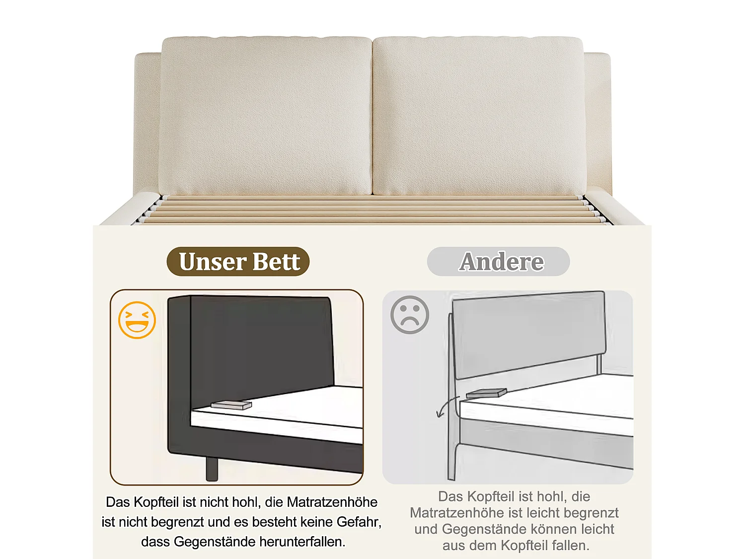 Lit coffre 180 x 200 cm en bouclé avec rangement sous le lit et tête de lit inclinable - Beige (Sans matelas)