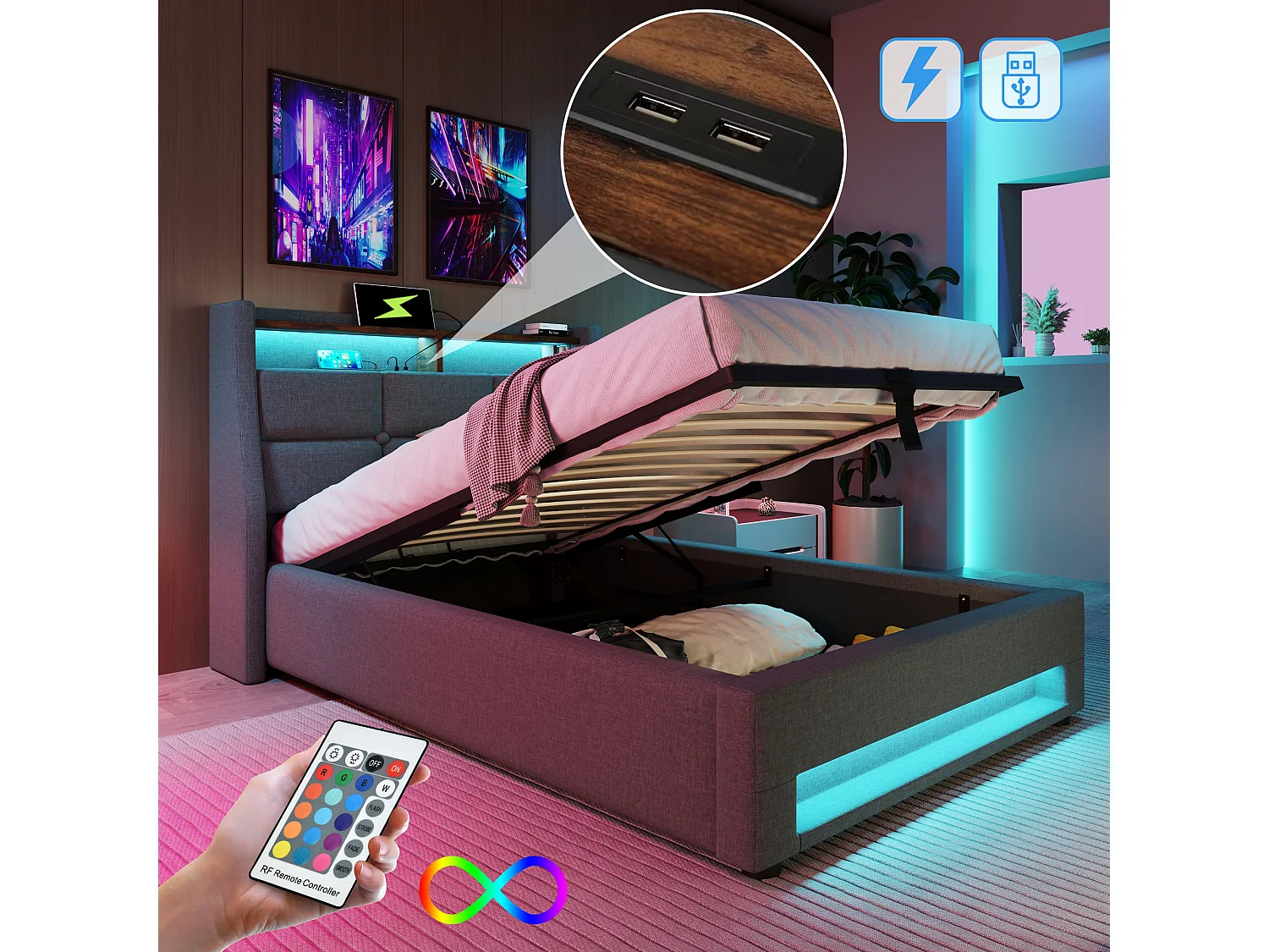 Lit coffre avec matelas 90 x 200 cm, ressorts ensachés 7 zones H3, tête de lit rembourrée, LED RGB, USB et coffre de rangement - Gris