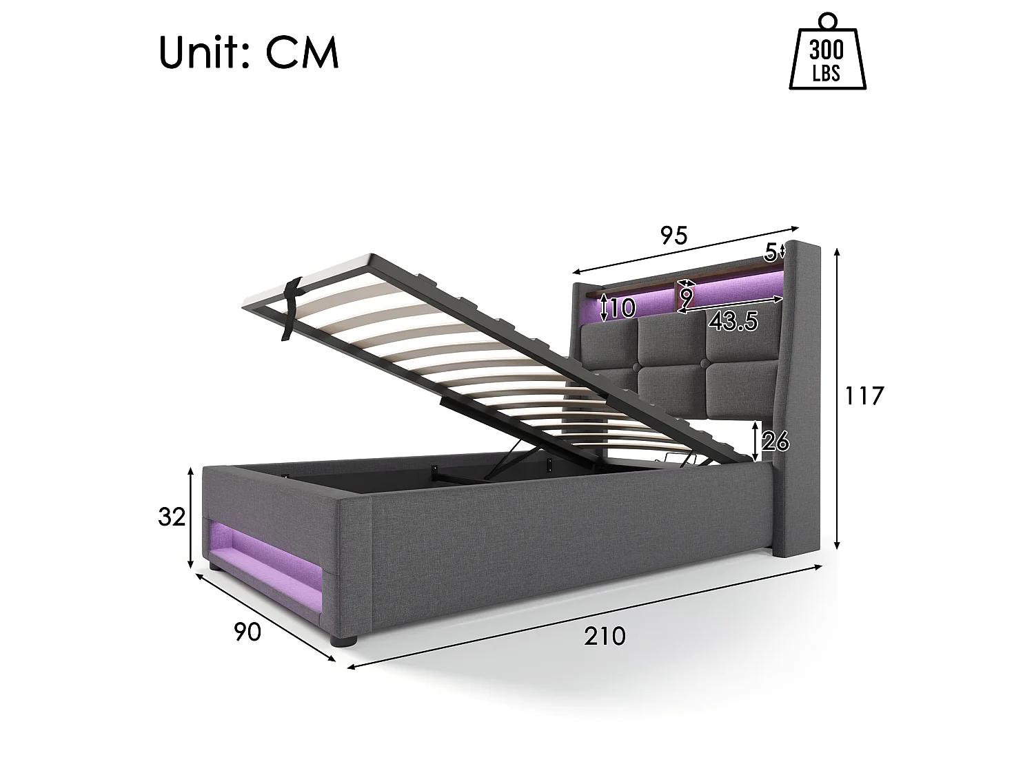 Lit coffre avec matelas 90 x 200 cm, ressorts ensachés 7 zones H3, tête de lit rembourrée, LED RGB, USB et coffre de rangement - Gris