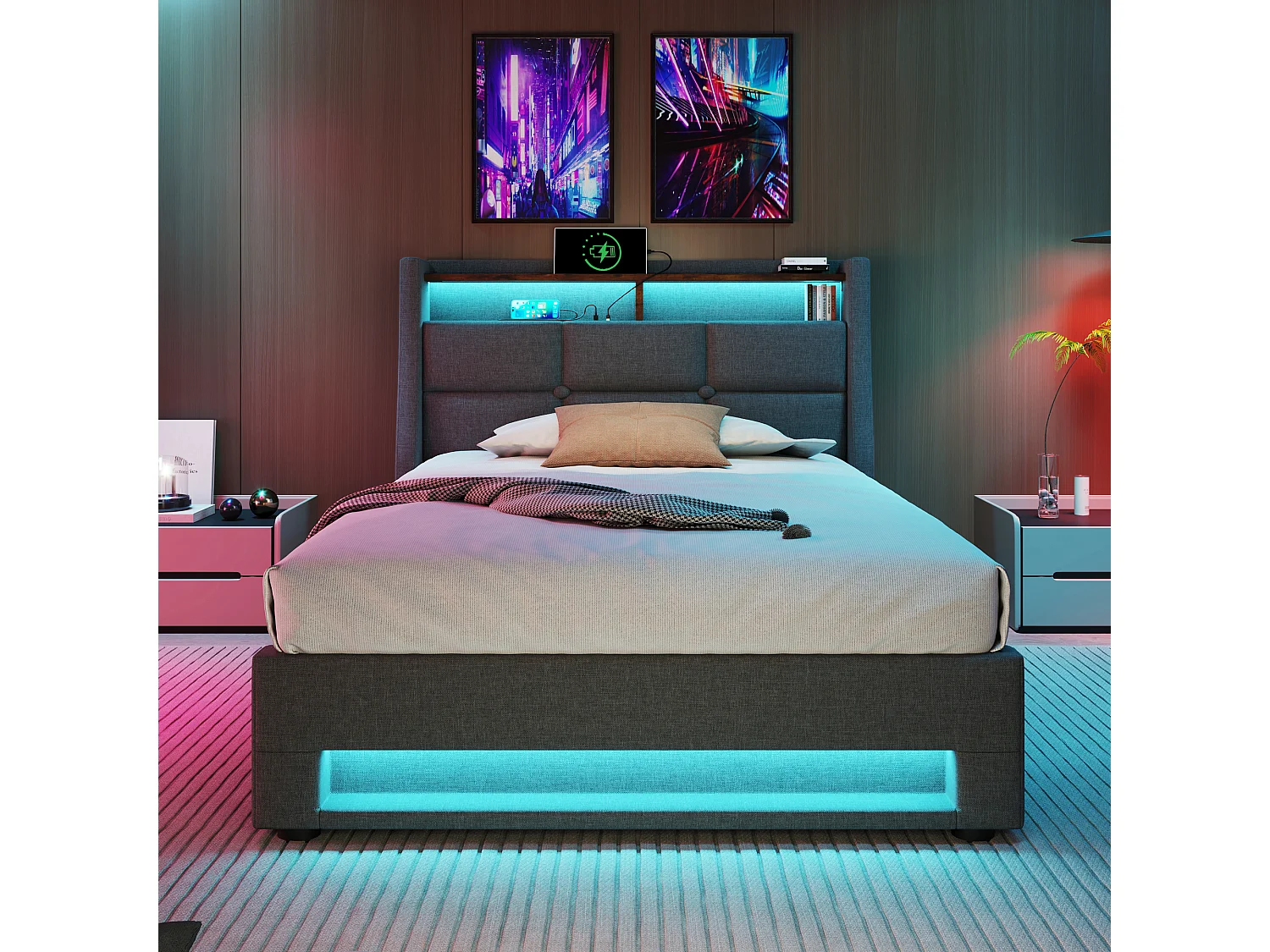 Lit coffre avec matelas 90 x 200 cm, ressorts ensachés 7 zones H3, tête de lit rembourrée, LED RGB, USB et coffre de rangement - Gris