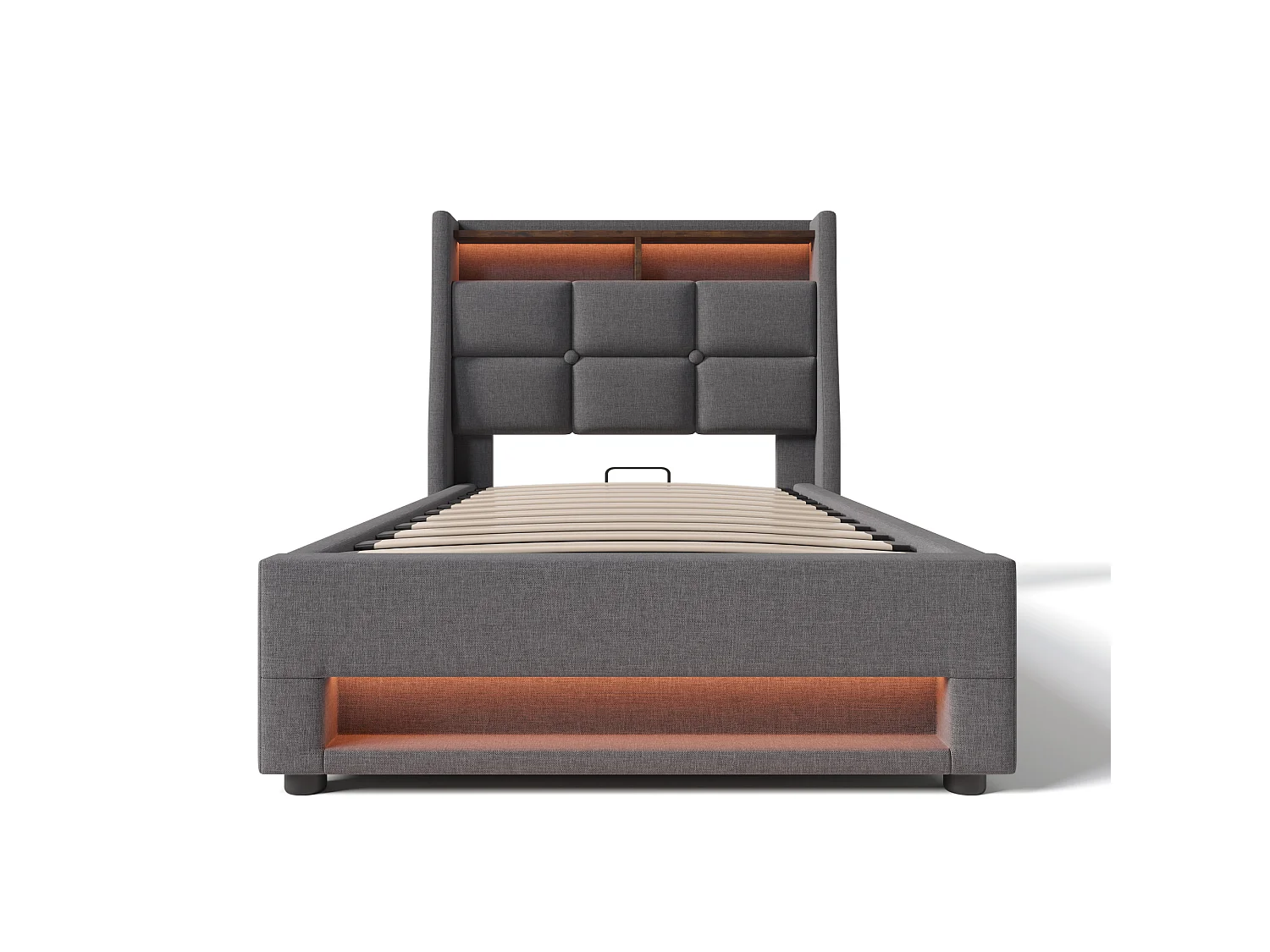 Lit coffre avec matelas 90 x 200 cm, ressorts ensachés 7 zones H3, tête de lit rembourrée, LED RGB, USB et coffre de rangement - Gris
