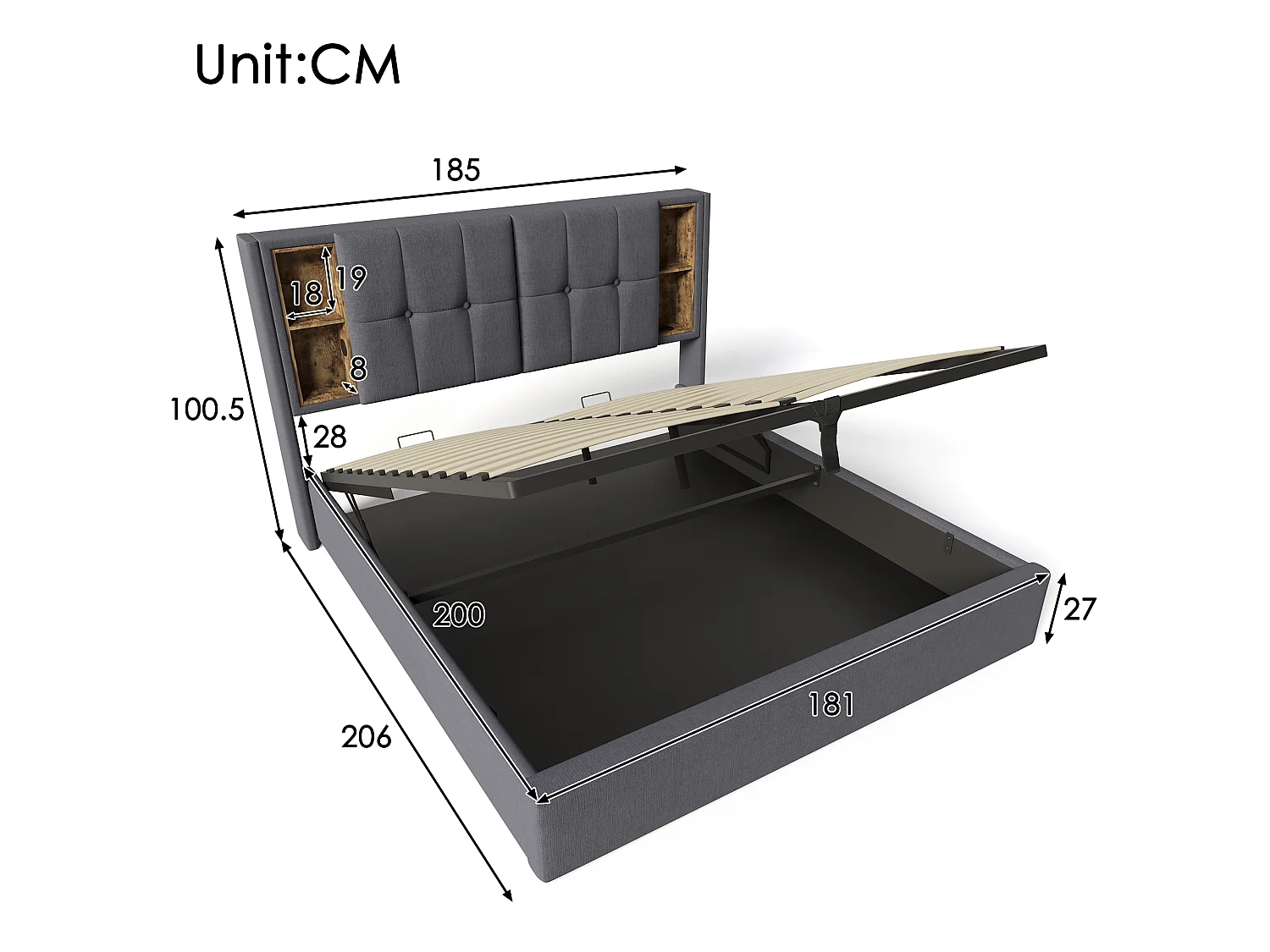 180 x 200 cm cotton storage bed with wireless charging, USB-C, hydraulic storage and headboard with shelves - Grey (Mattress not included)