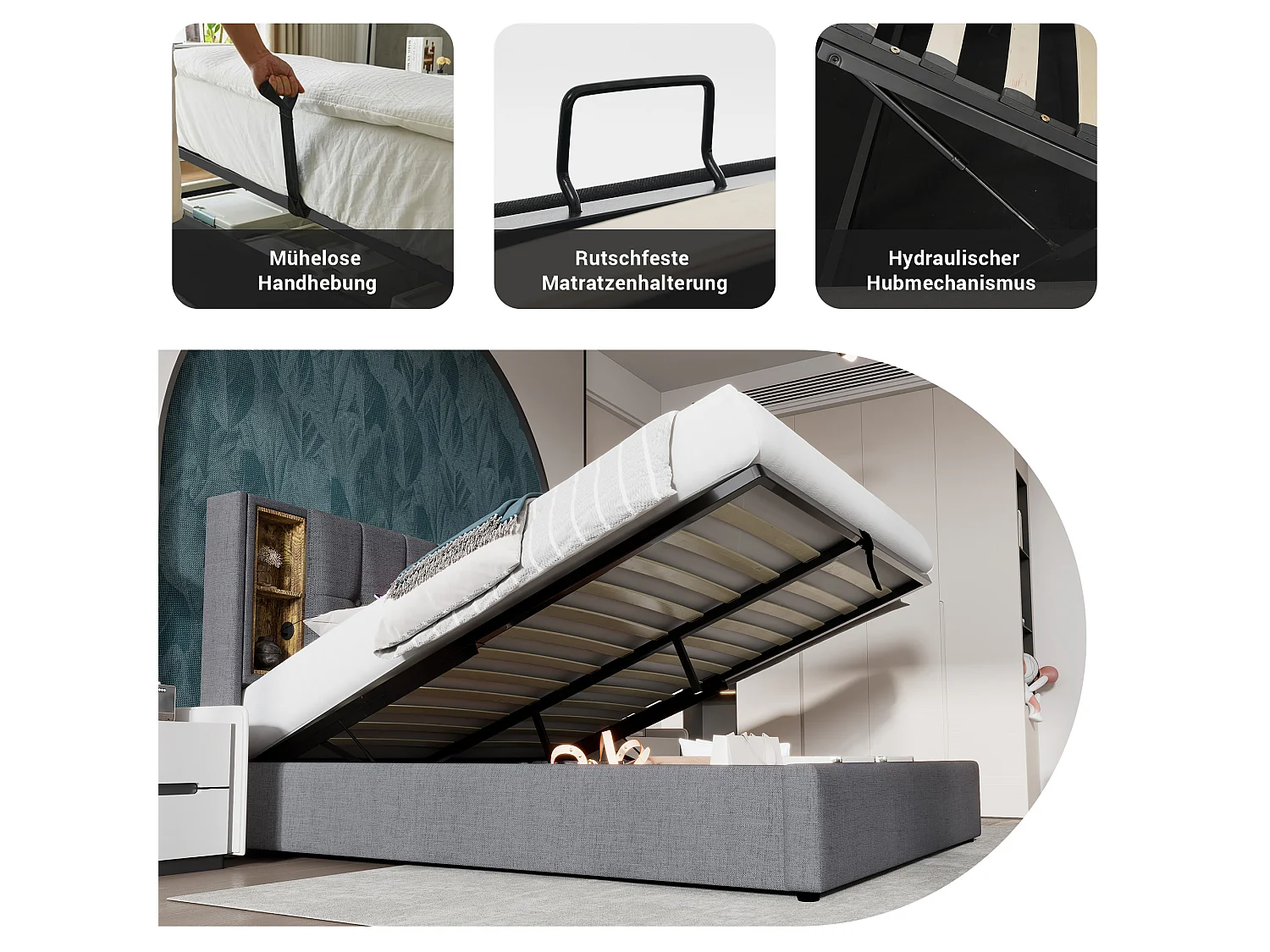180 x 200 cm cotton storage bed with wireless charging, USB-C, hydraulic storage and headboard with shelves - Grey (Mattress not included)
