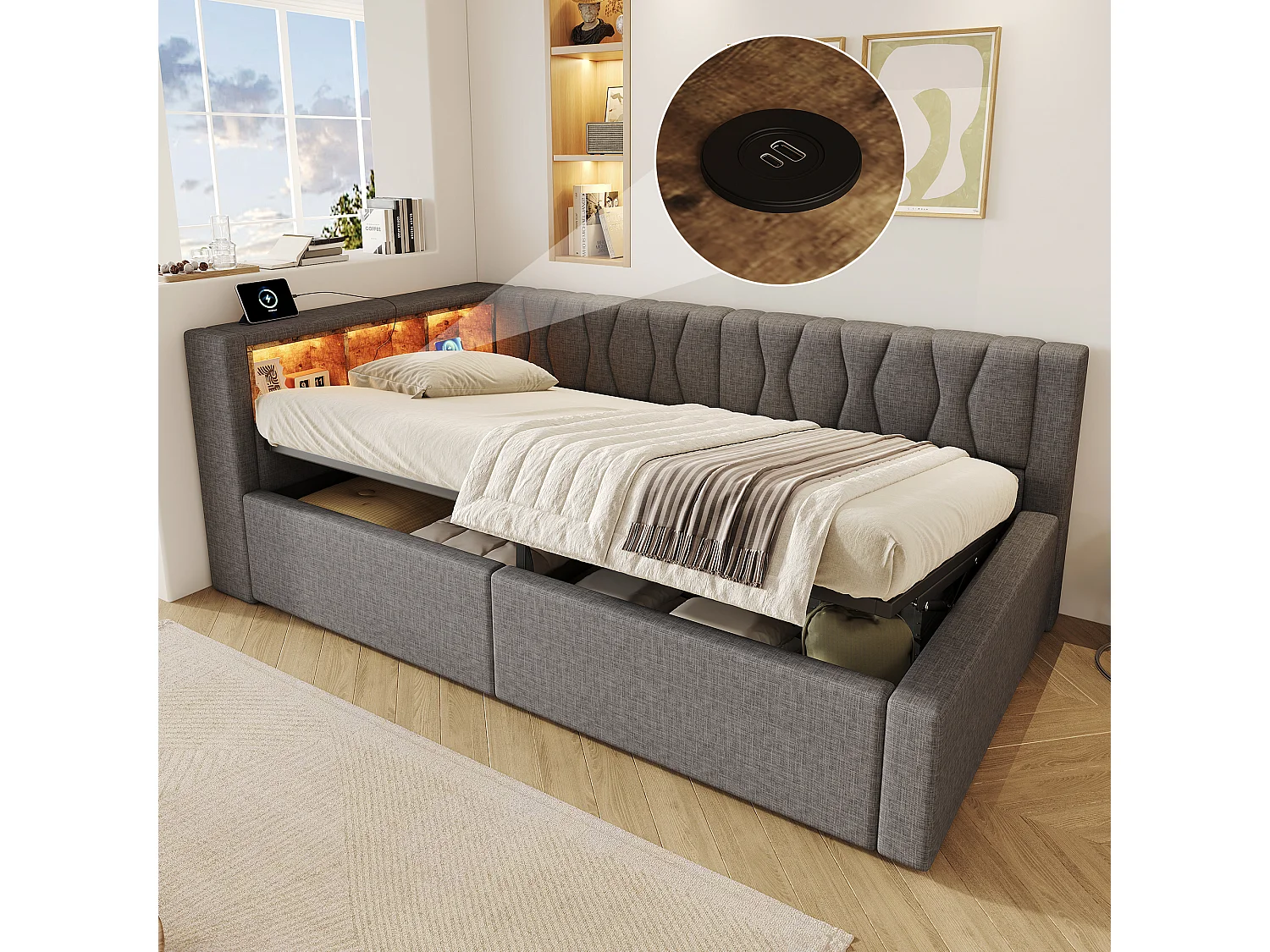 90 x 200 cm storage bed with hydraulic storage compartment, shelves, adjustable LED lighting and USB port - Linen - Grey (Mattress not included)