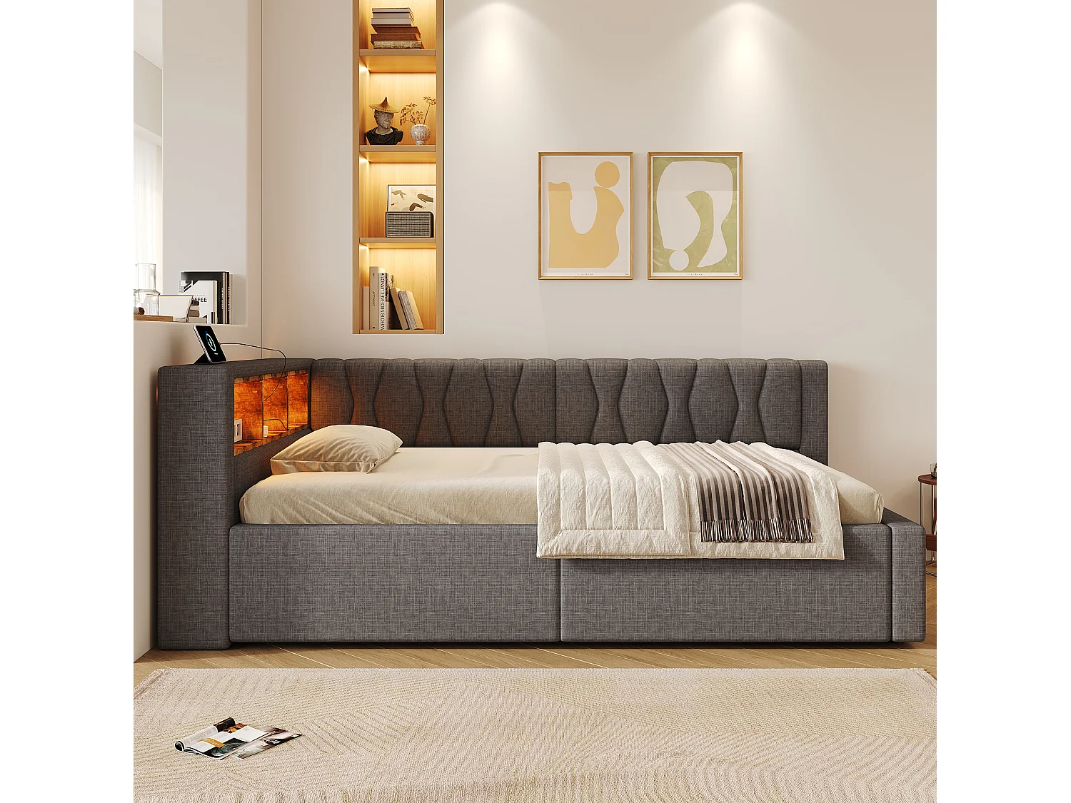 90 x 200 cm storage bed with hydraulic storage compartment, shelves, adjustable LED lighting and USB port - Linen - Grey (Mattress not included)