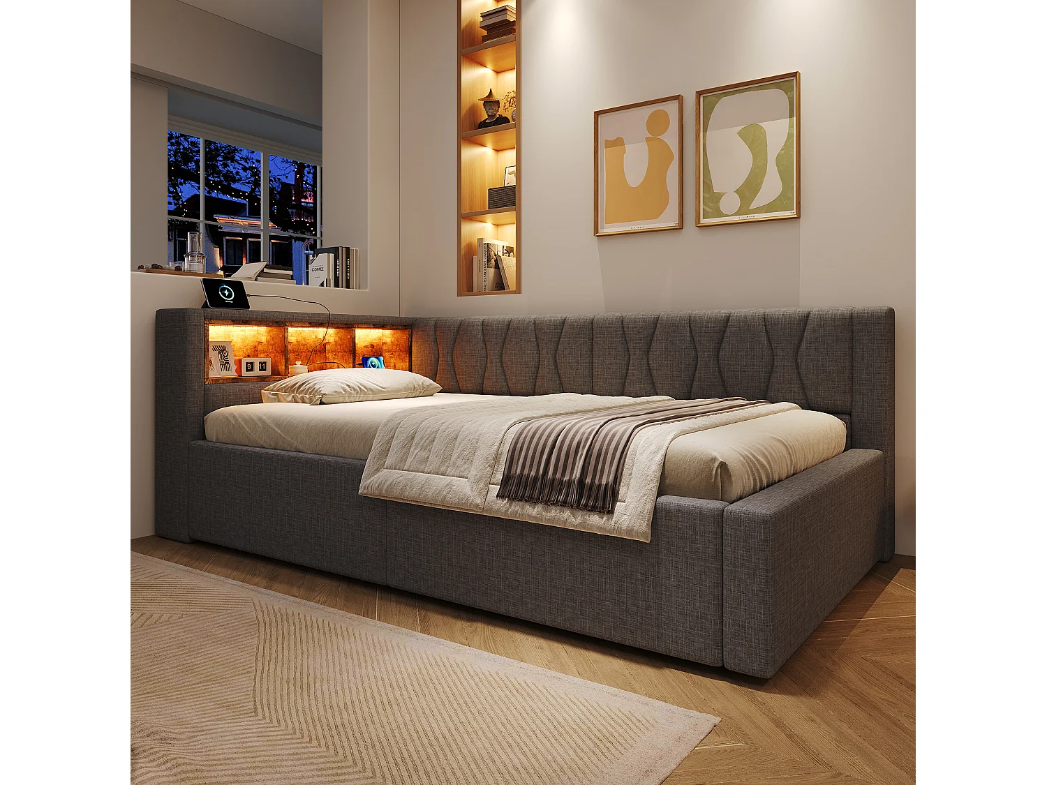 90 x 200 cm storage bed with hydraulic storage compartment, shelves, adjustable LED lighting and USB port - Linen - Grey (Mattress not included)