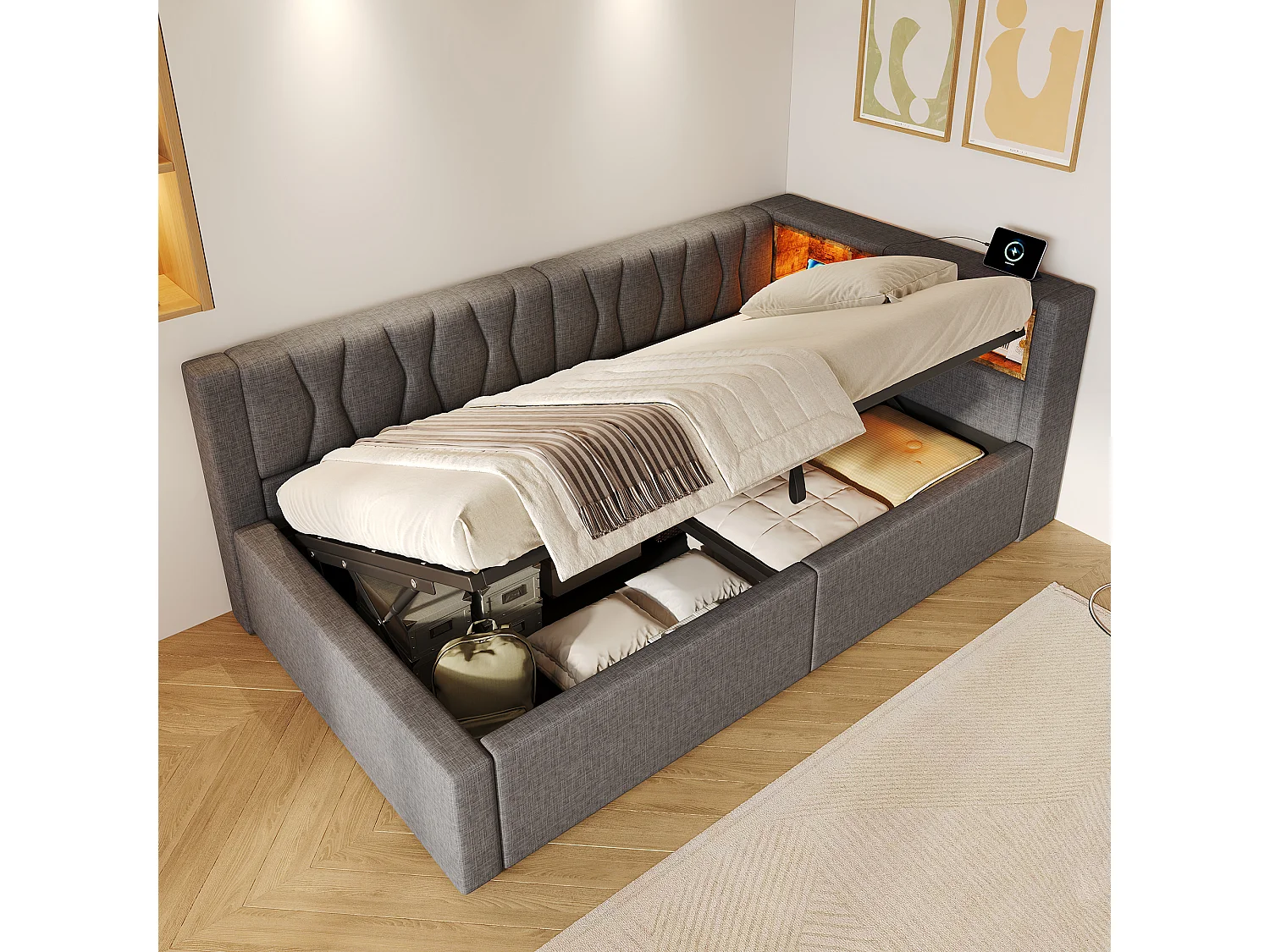 90 x 200 cm storage bed with hydraulic storage compartment, shelves, adjustable LED lighting and USB port - Linen - Grey (Mattress not included)