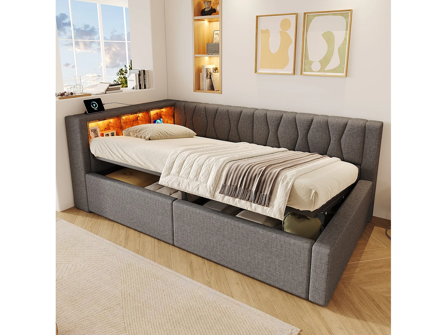 90 x 200 cm storage bed with hydraulic storage compartment, shelves, adjustable LED lighting and USB port - Linen - Grey (Mattress not included)