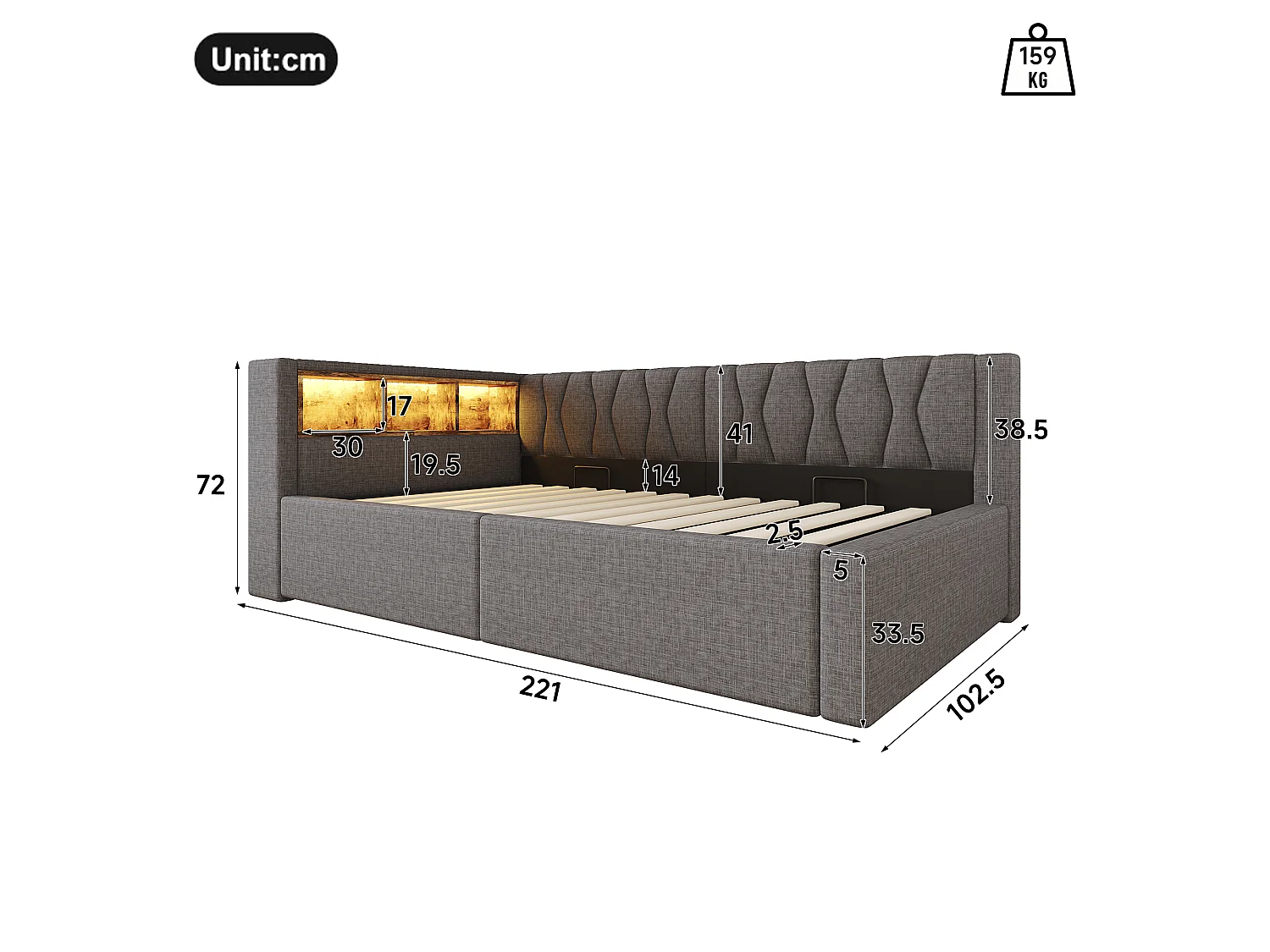 90 x 200 cm storage bed with hydraulic storage compartment, shelves, adjustable LED lighting and USB port - Linen - Grey (Mattress not included)