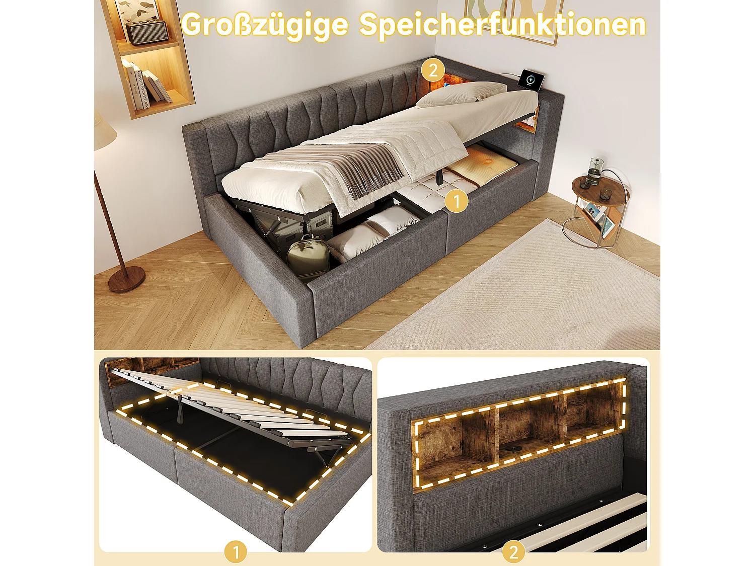 90 x 200 cm storage bed with hydraulic storage compartment, shelves, adjustable LED lighting and USB port - Linen - Grey (Mattress not included)