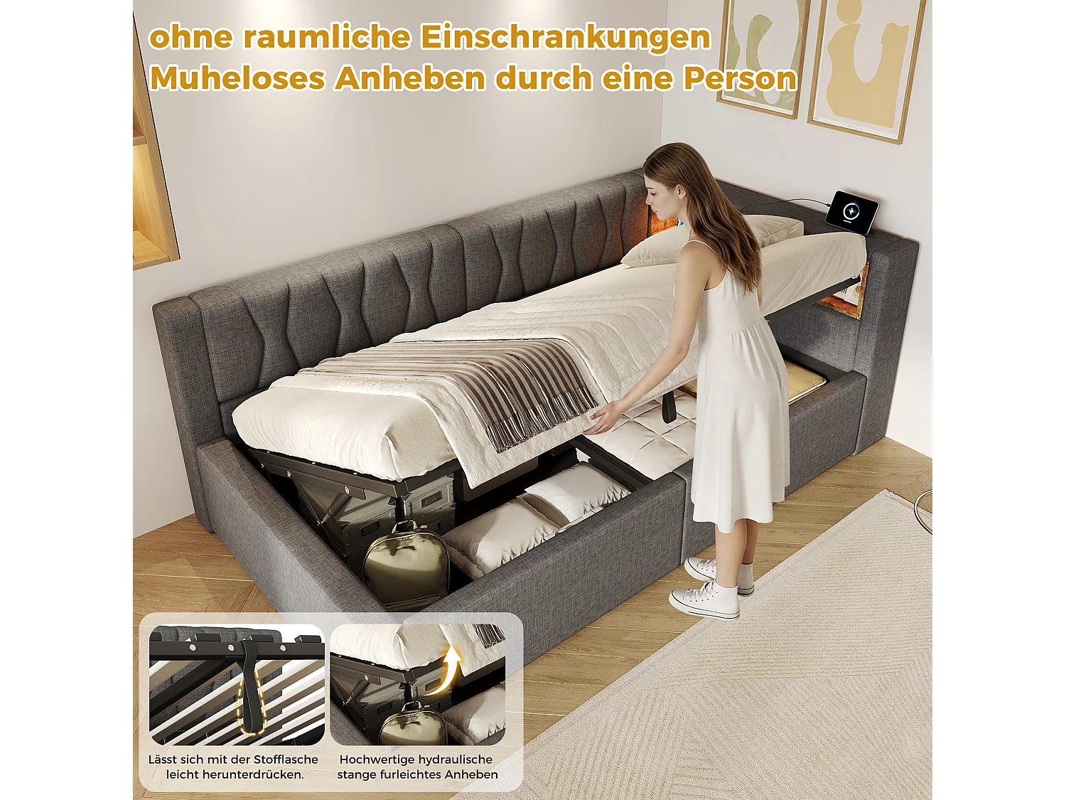 90 x 200 cm storage bed with hydraulic storage compartment, shelves, adjustable LED lighting and USB port - Linen - Grey (Mattress not included)
