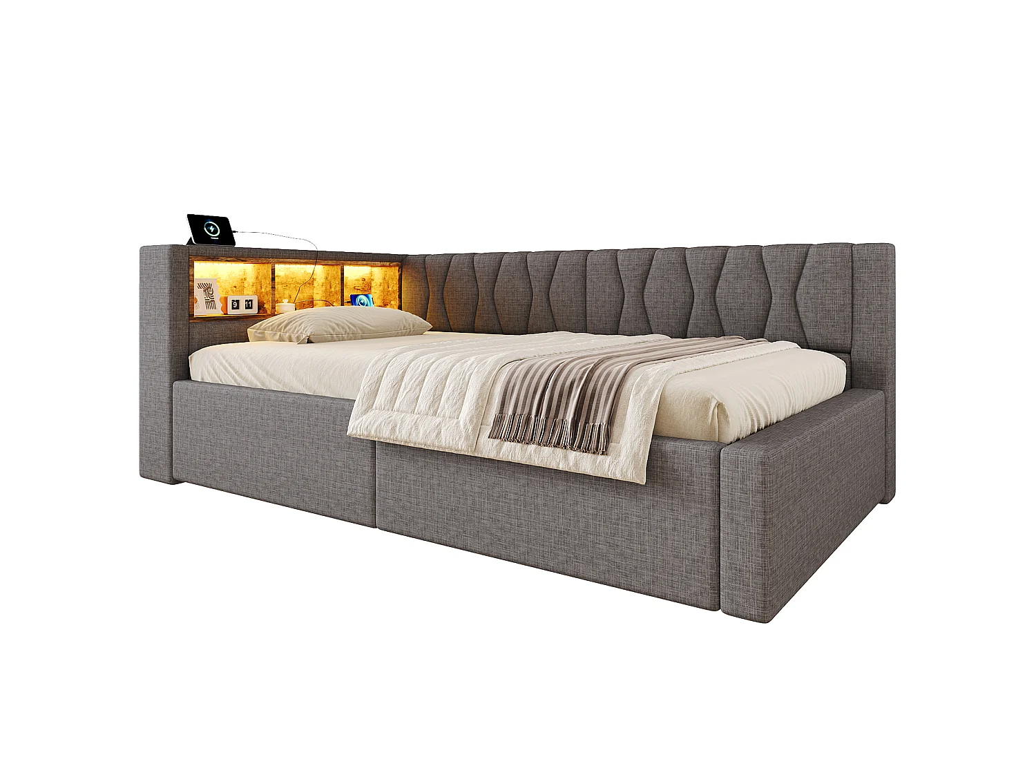 90 x 200 cm storage bed with hydraulic storage compartment, shelves, adjustable LED lighting and USB port - Linen - Grey (Mattress not included)