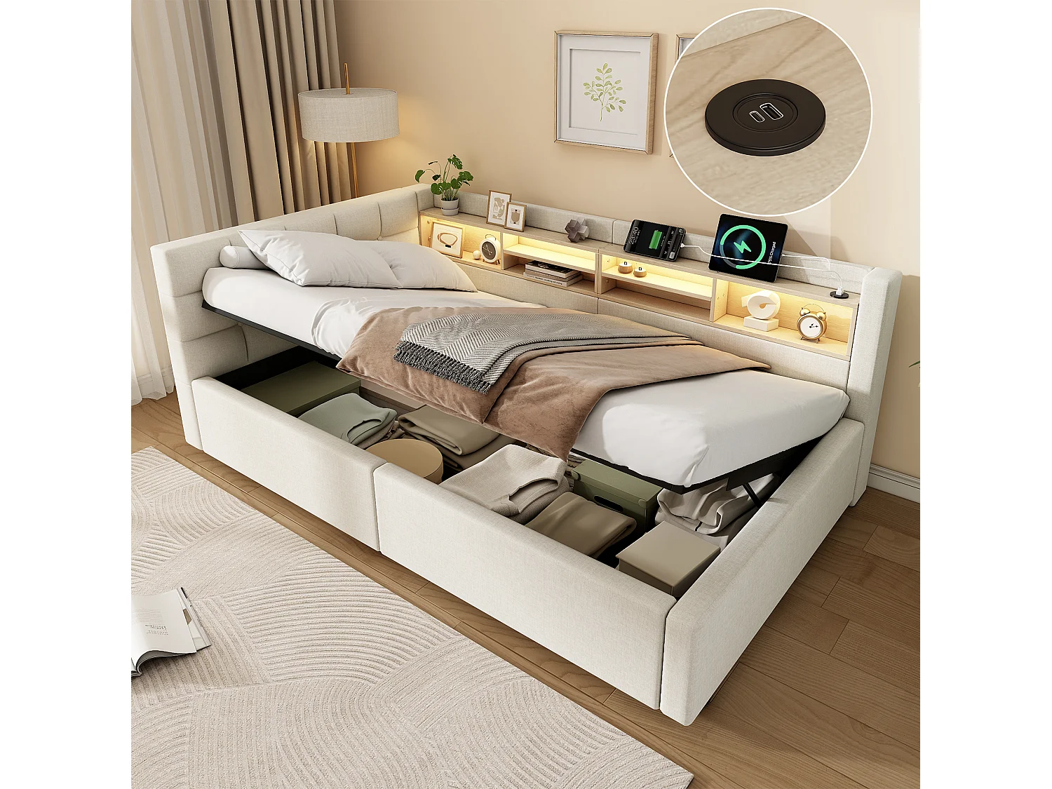 Letto contenitore 90 x 200 cm con vano contenitore idraulico, ripiani, illuminazione a LED regolabile e porta USB - Lino - Beige (Materasso non incluso)