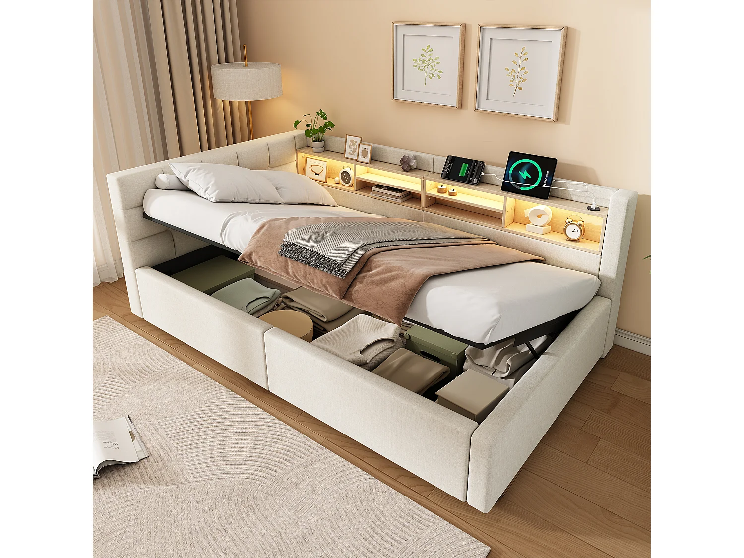 Letto contenitore 90 x 200 cm con vano contenitore idraulico, ripiani, illuminazione a LED regolabile e porta USB - Lino - Beige (Materasso non incluso)