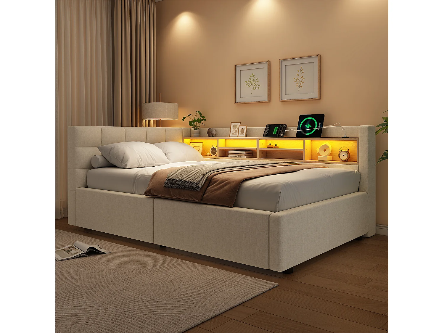 Letto contenitore 90 x 200 cm con vano contenitore idraulico, ripiani, illuminazione a LED regolabile e porta USB - Lino - Beige (Materasso non incluso)