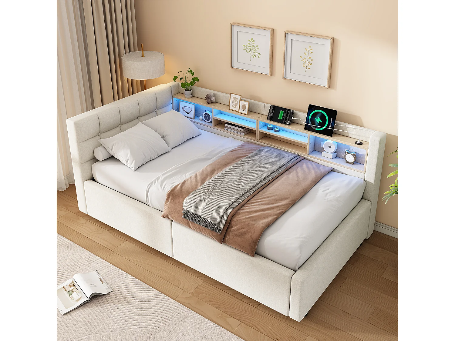 Letto contenitore 90 x 200 cm con vano contenitore idraulico, ripiani, illuminazione a LED regolabile e porta USB - Lino - Beige (Materasso non incluso)