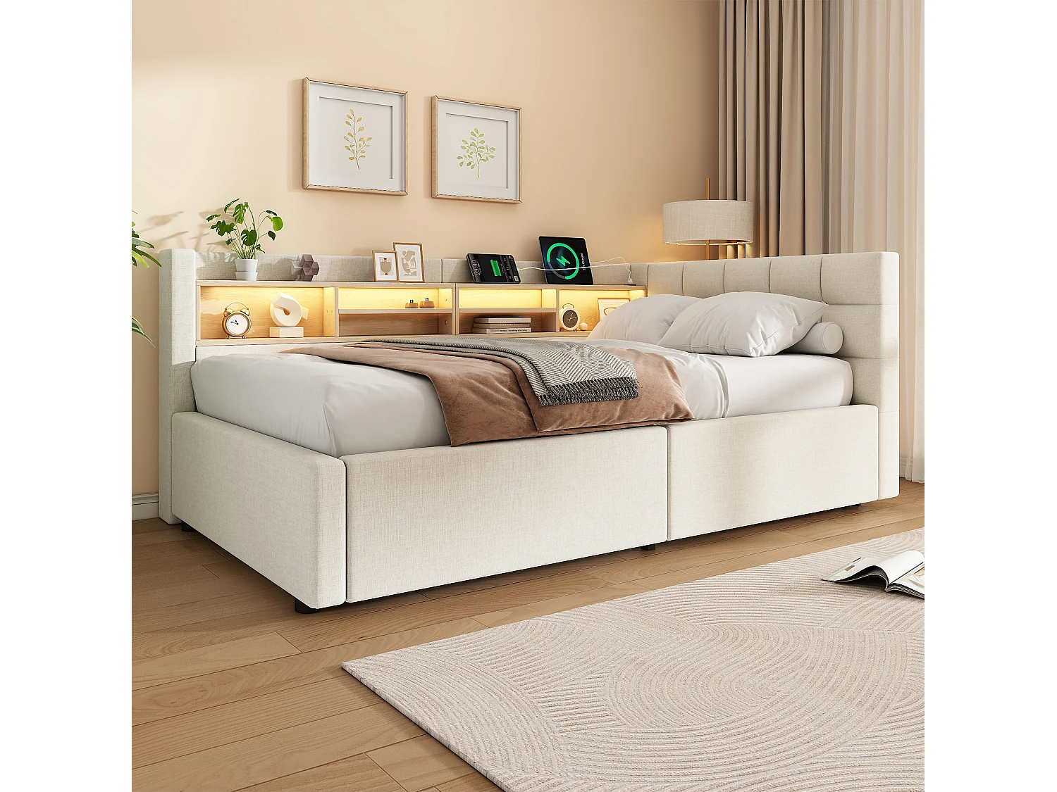 Letto contenitore 90 x 200 cm con vano contenitore idraulico, ripiani, illuminazione a LED regolabile e porta USB - Lino - Beige (Materasso non incluso)