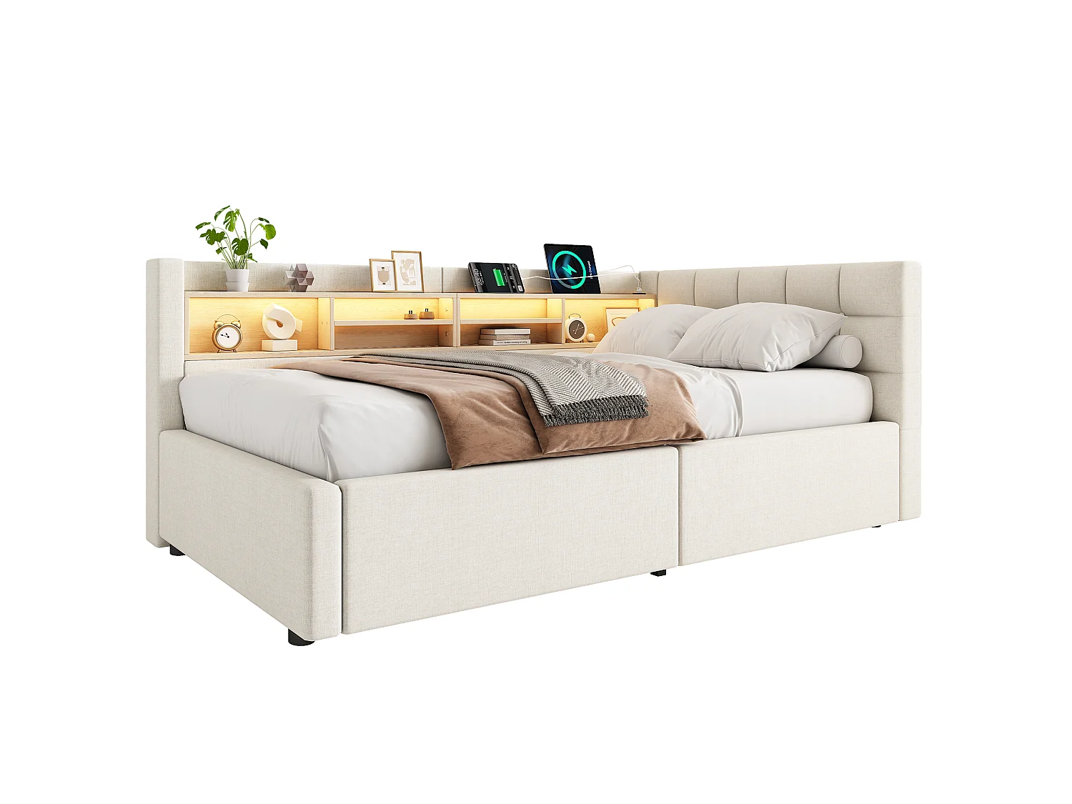 Letto contenitore 90 x 200 cm con vano contenitore idraulico, ripiani, illuminazione a LED regolabile e porta USB - Lino - Beige (Materasso non incluso)