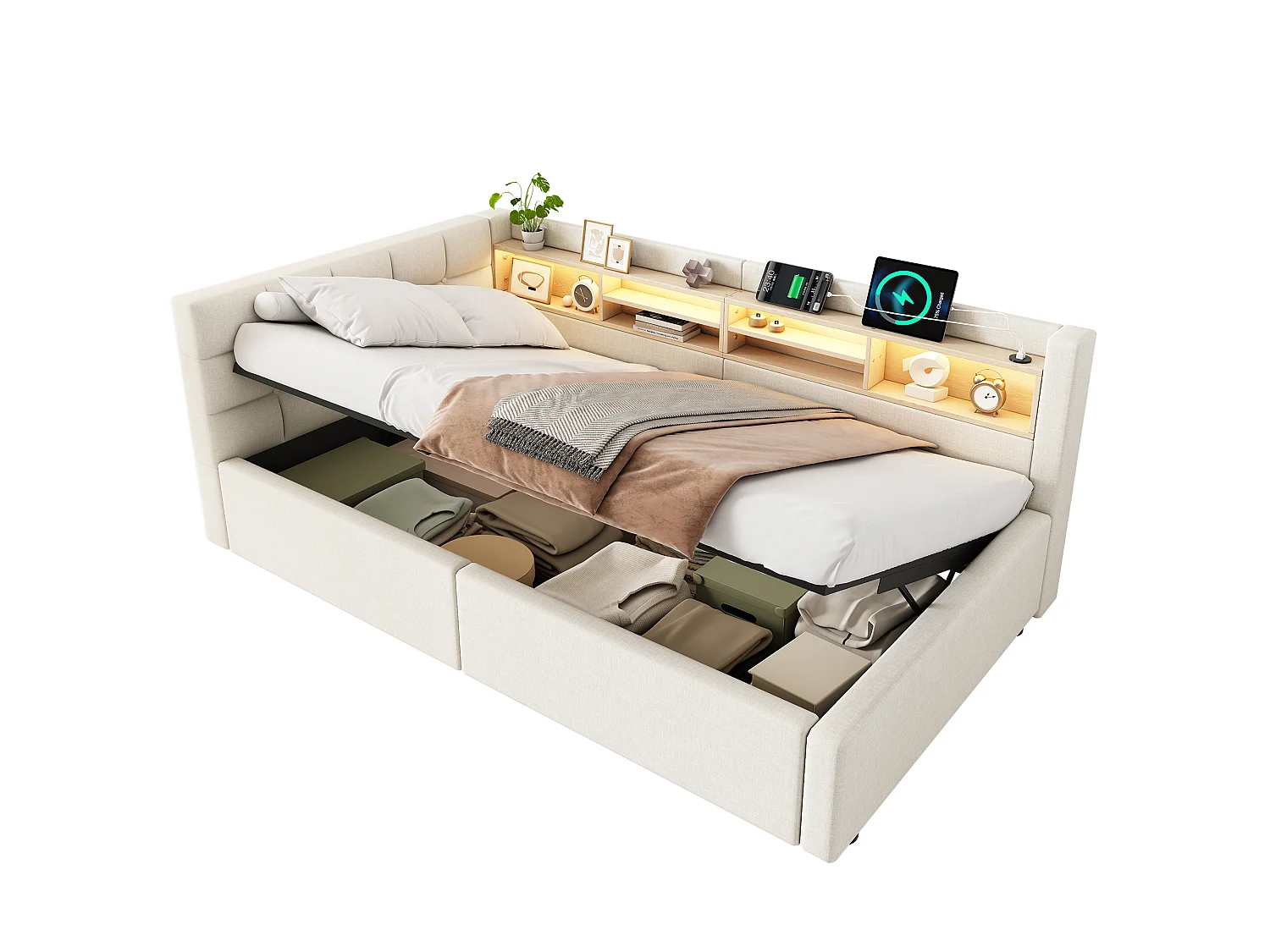 Letto contenitore 90 x 200 cm con vano contenitore idraulico, ripiani, illuminazione a LED regolabile e porta USB - Lino - Beige (Materasso non incluso)