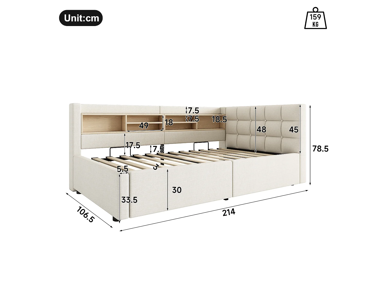 Letto contenitore 90 x 200 cm con vano contenitore idraulico, ripiani, illuminazione a LED regolabile e porta USB - Lino - Beige (Materasso non incluso)