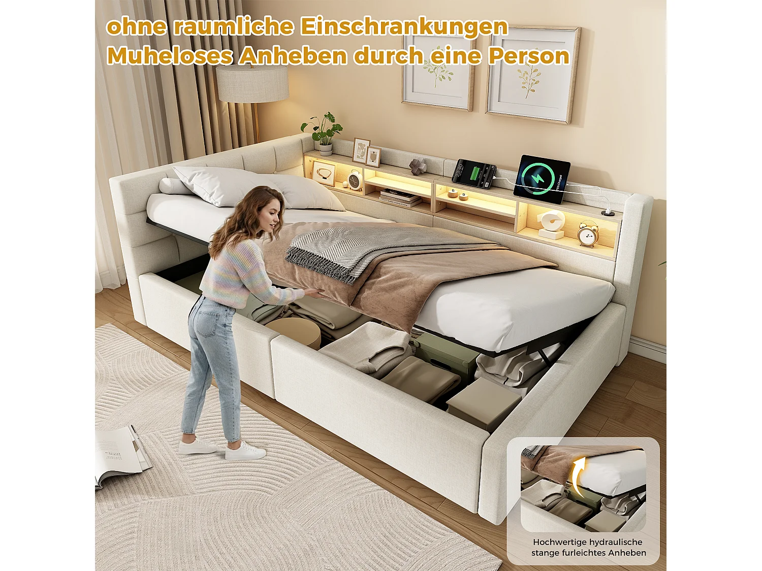 Letto contenitore 90 x 200 cm con vano contenitore idraulico, ripiani, illuminazione a LED regolabile e porta USB - Lino - Beige (Materasso non incluso)