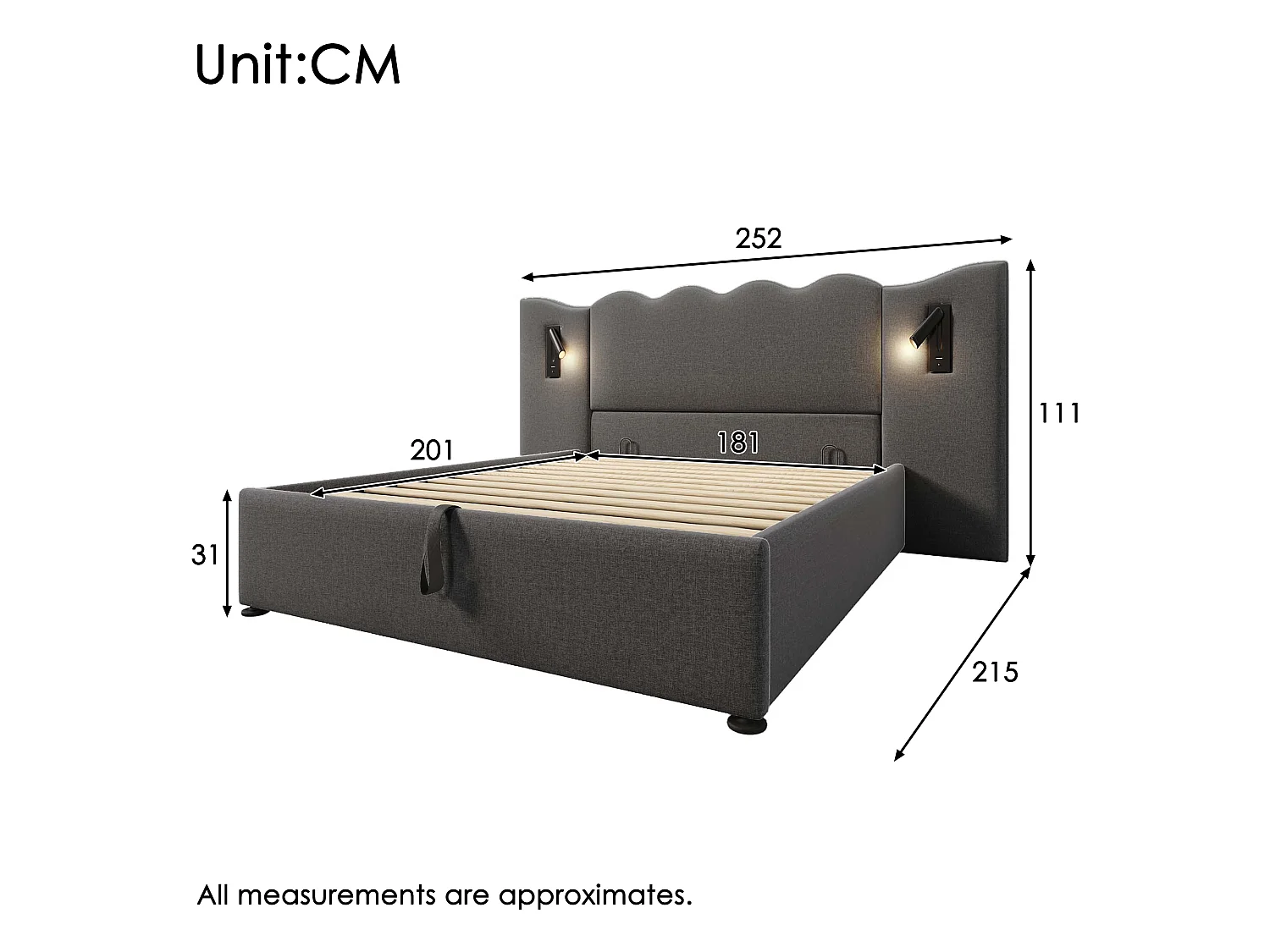 Lit coffre 180 x 200 cm avec rangement hydraulique, lampe de lecture LED, ports USB et USB-C - Lin - Gris (Sans matelas)