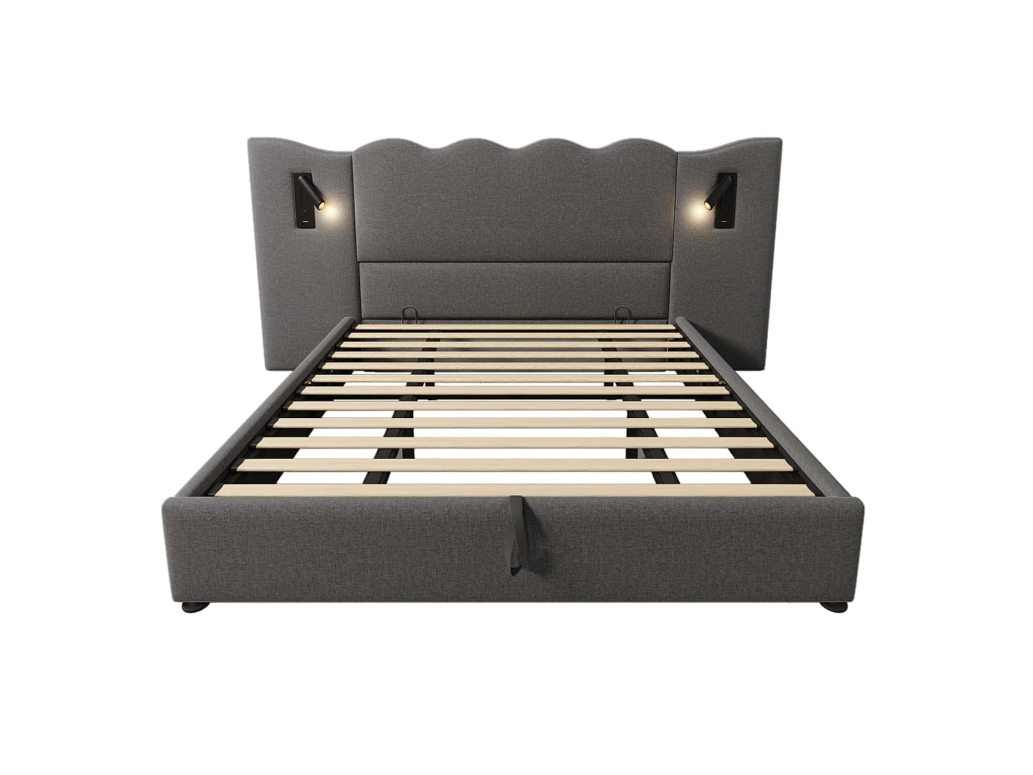 Lit coffre 180 x 200 cm avec rangement hydraulique, lampe de lecture LED, ports USB et USB-C - Lin - Gris (Sans matelas)