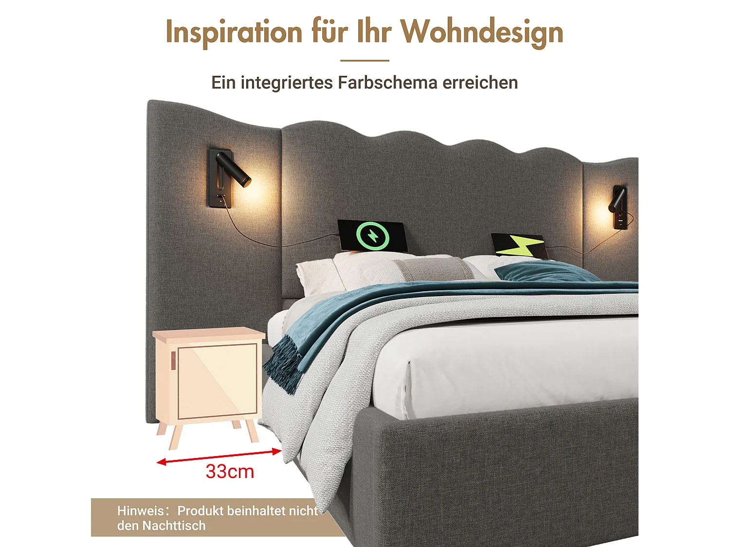 Lit coffre 180 x 200 cm avec rangement hydraulique, lampe de lecture LED, ports USB et USB-C - Lin - Gris (Sans matelas)