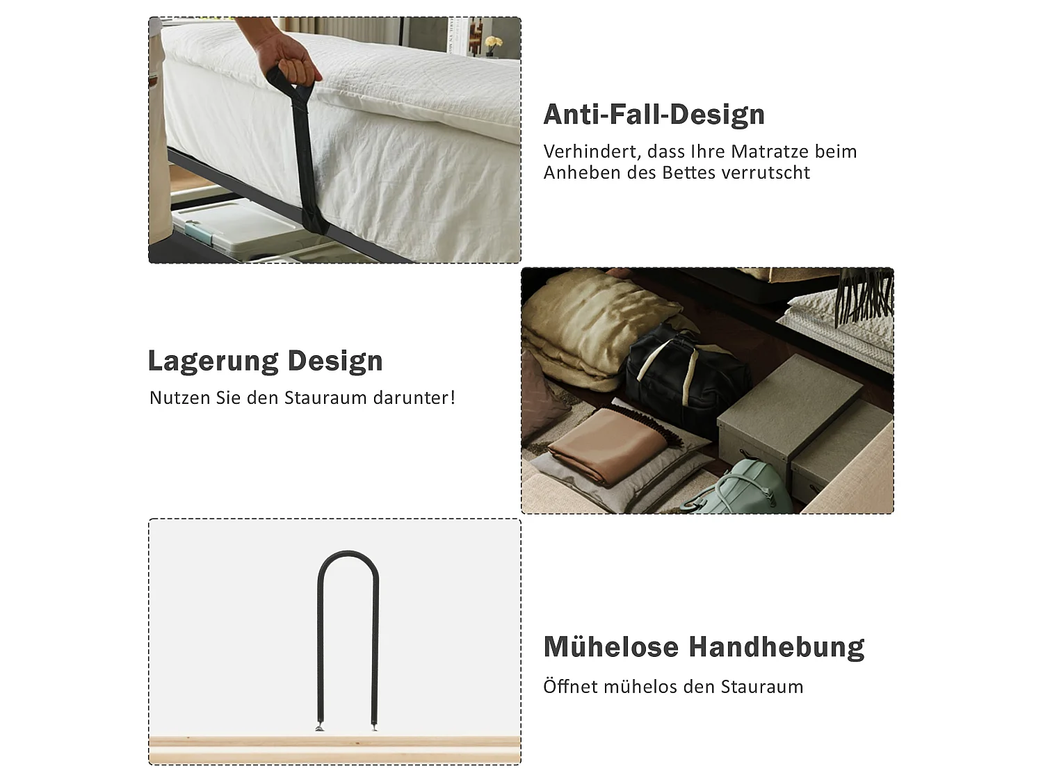 Lit coffre 180 x 200 cm avec rangement hydraulique, lampe de lecture LED, ports USB et USB-C - Lin - Gris (Sans matelas)