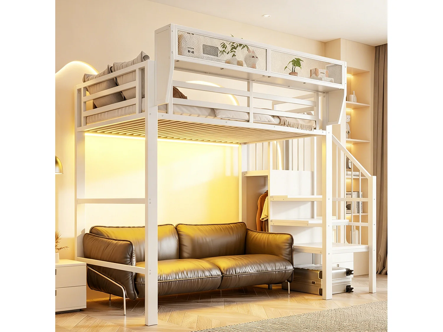 Lit mezzanine 90 x 200 cm avec LED, étagères et penderie ouverte – Structure métal robuste + MDF – Blanc (Sans matelas)
