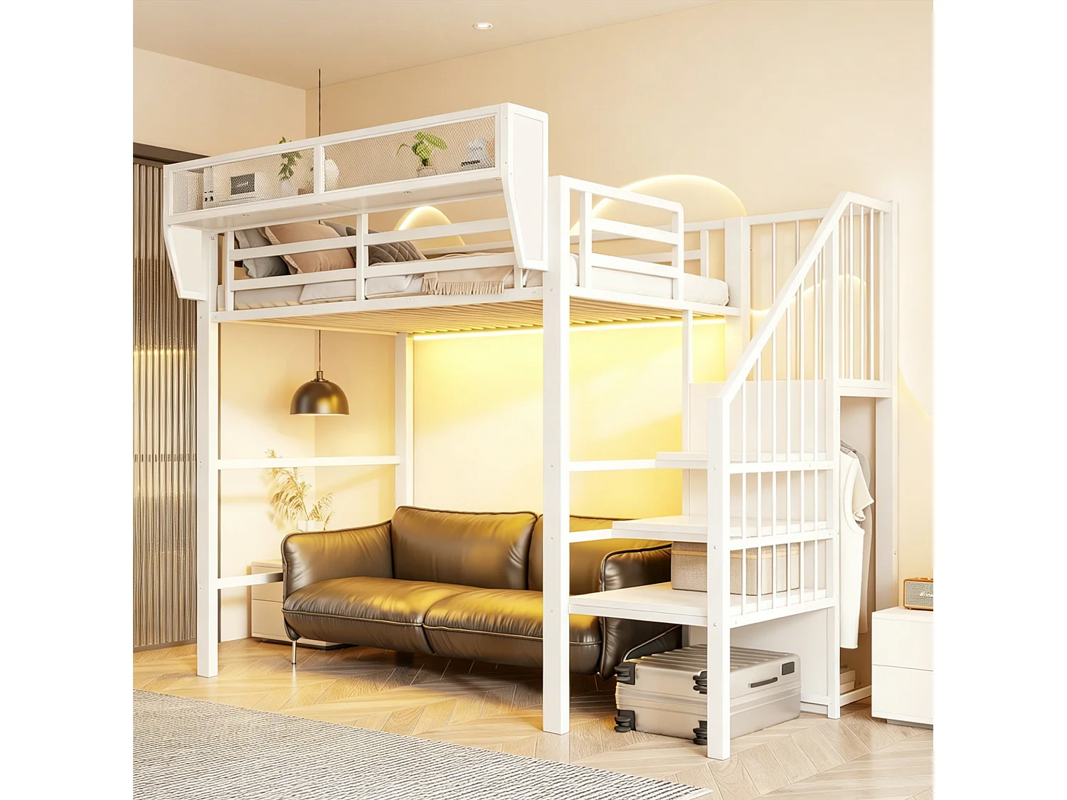 Lit mezzanine 90 x 200 cm avec LED, étagères et penderie ouverte – Structure métal robuste + MDF – Blanc (Sans matelas)