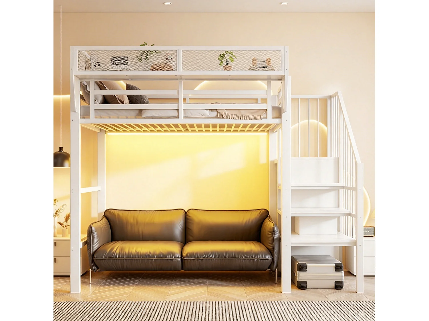 Lit mezzanine 90 x 200 cm avec LED, étagères et penderie ouverte – Structure métal robuste + MDF – Blanc (Sans matelas)