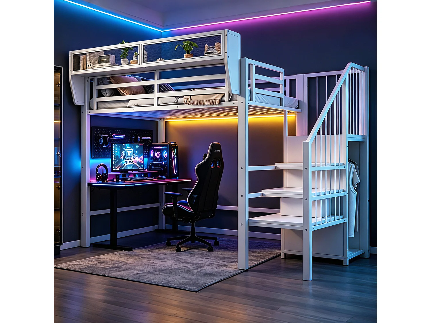 Lit mezzanine 90 x 200 cm avec LED, étagères et penderie ouverte – Structure métal robuste + MDF – Blanc (Sans matelas)