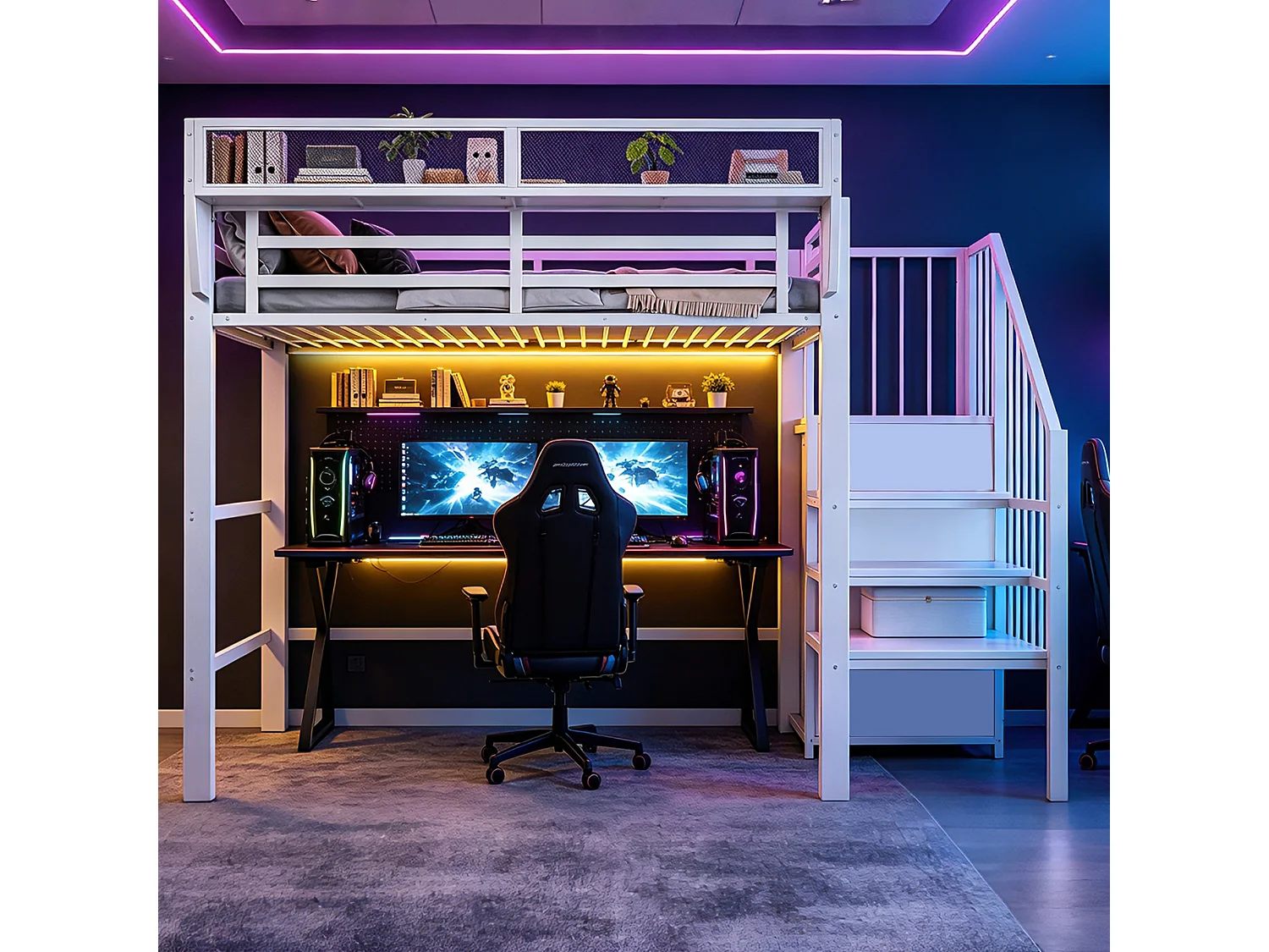 Lit mezzanine 90 x 200 cm avec LED, étagères et penderie ouverte – Structure métal robuste + MDF – Blanc (Sans matelas)