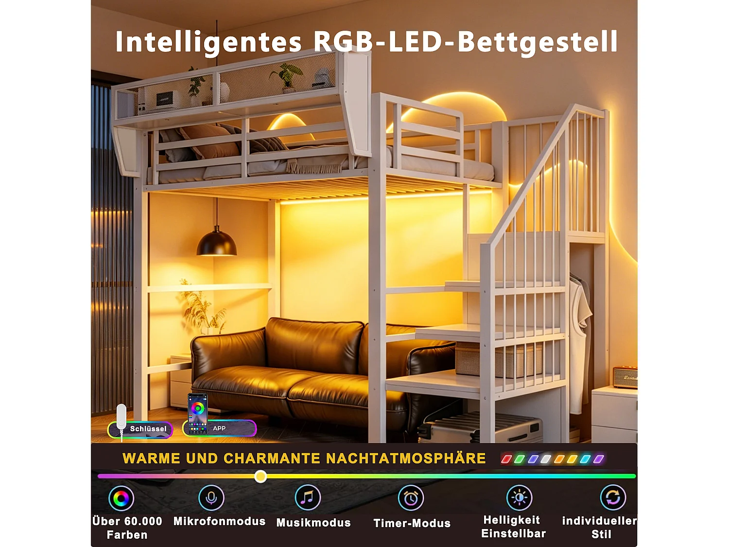 Lit mezzanine 90 x 200 cm avec LED, étagères et penderie ouverte – Structure métal robuste + MDF – Blanc (Sans matelas)