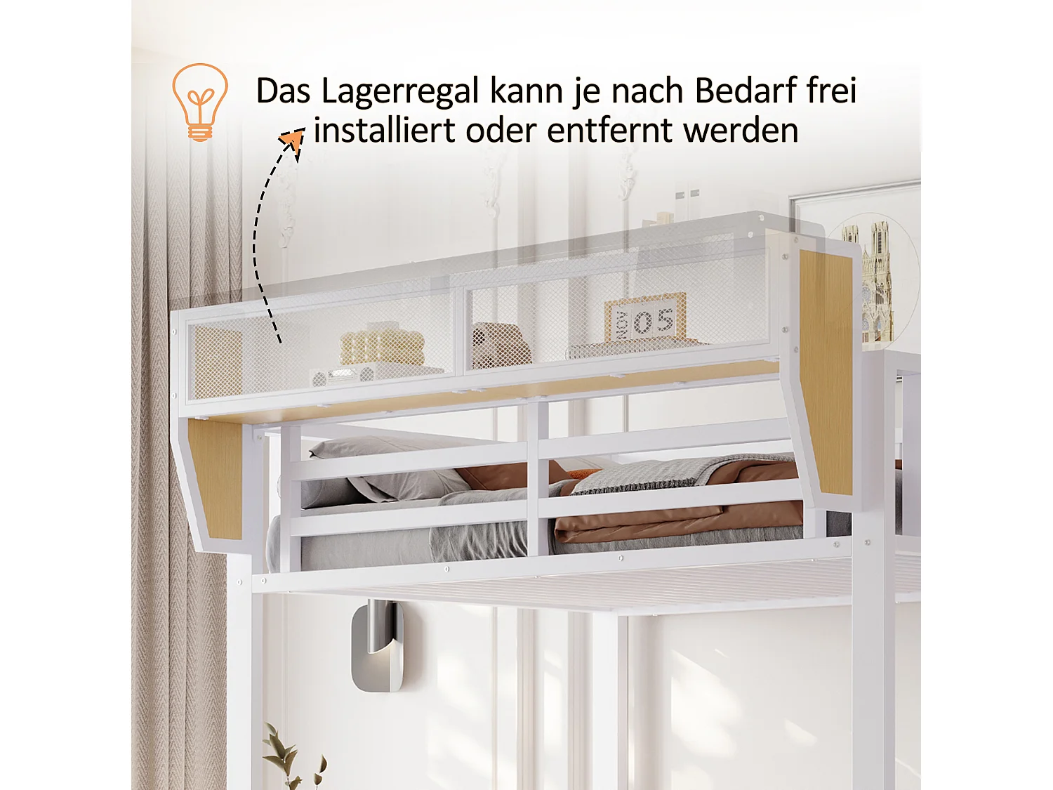 Lit mezzanine 90 x 200 cm avec LED, étagères et penderie ouverte – Structure métal robuste + MDF – Blanc (Sans matelas)