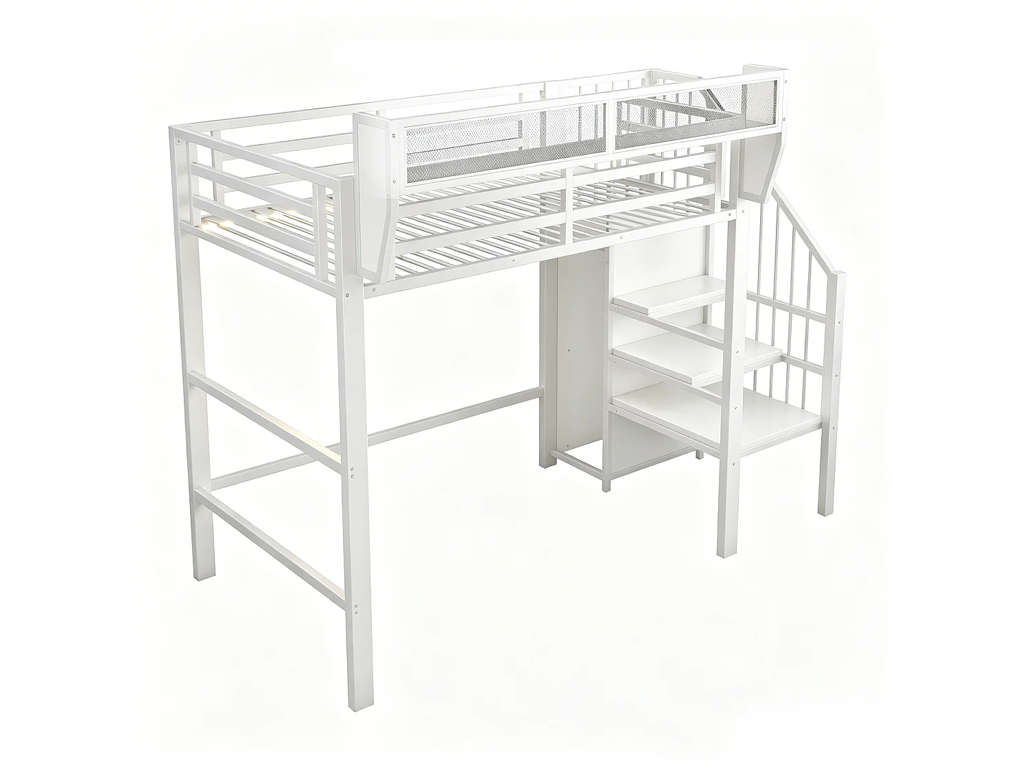 Lit mezzanine 90 x 200 cm avec LED, étagères et penderie ouverte – Structure métal robuste + MDF – Blanc (Sans matelas)