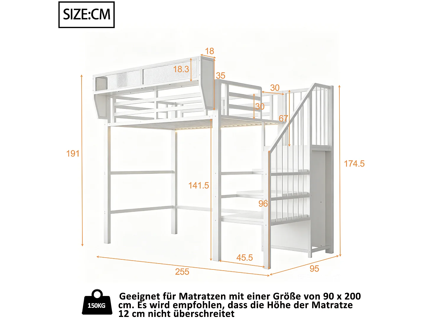 Lit mezzanine 90 x 200 cm avec LED, étagères et penderie ouverte – Structure métal robuste + MDF – Blanc (Sans matelas)