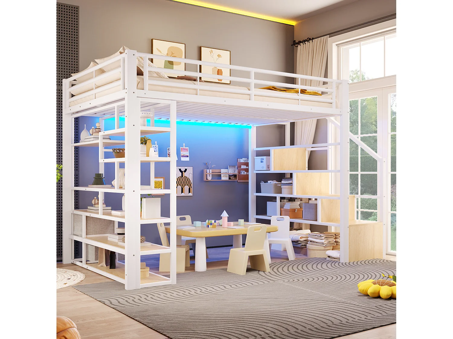 Lit mezzanine 140 x 200 cm avec marches de rangement, 2 tiroirs en tissu et étagères – Métal et MDF – LED – Blanc (Sans matelas)