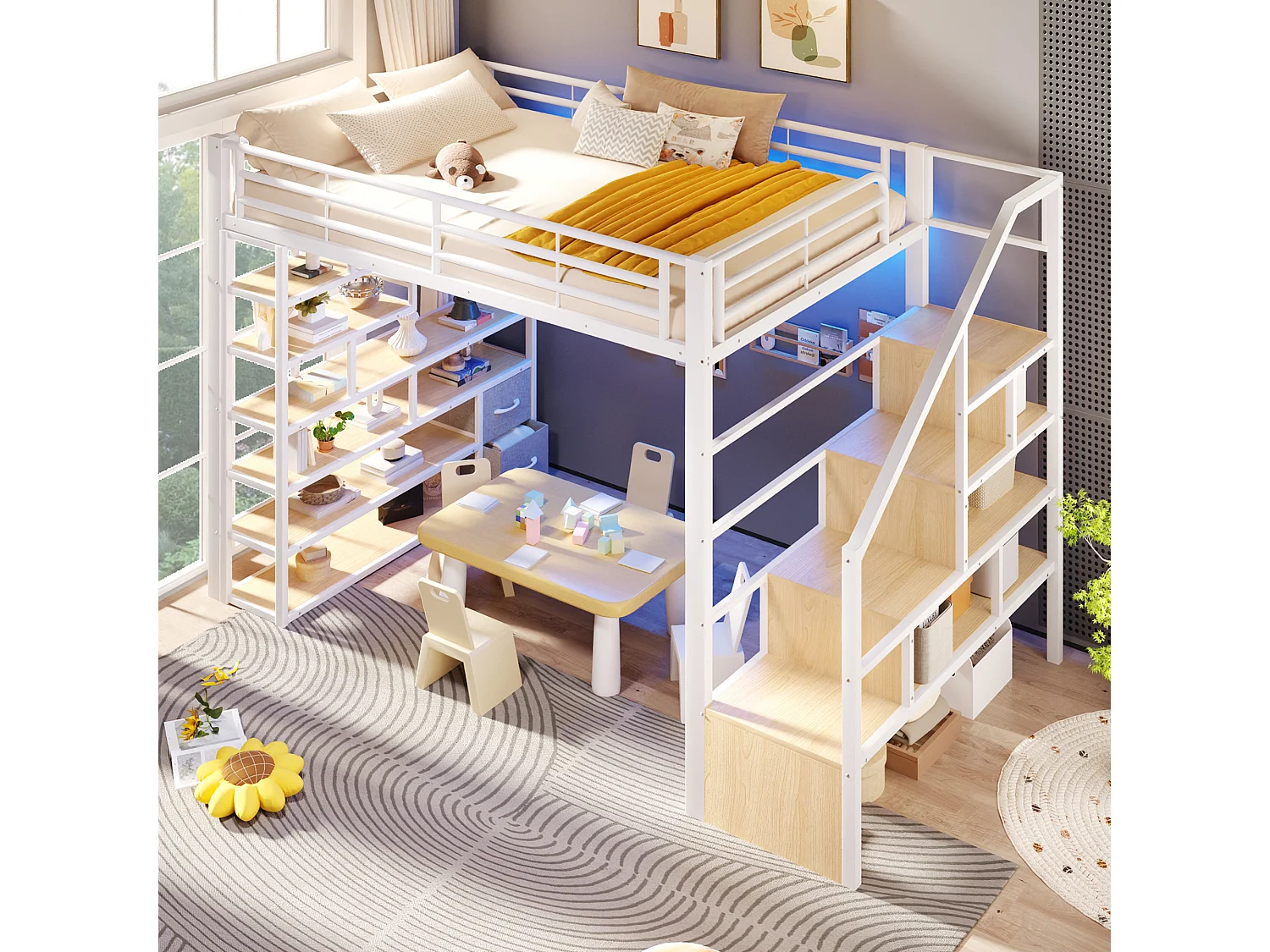 Lit mezzanine 140 x 200 cm avec marches de rangement, 2 tiroirs en tissu et étagères – Métal et MDF – LED – Blanc (Sans matelas)