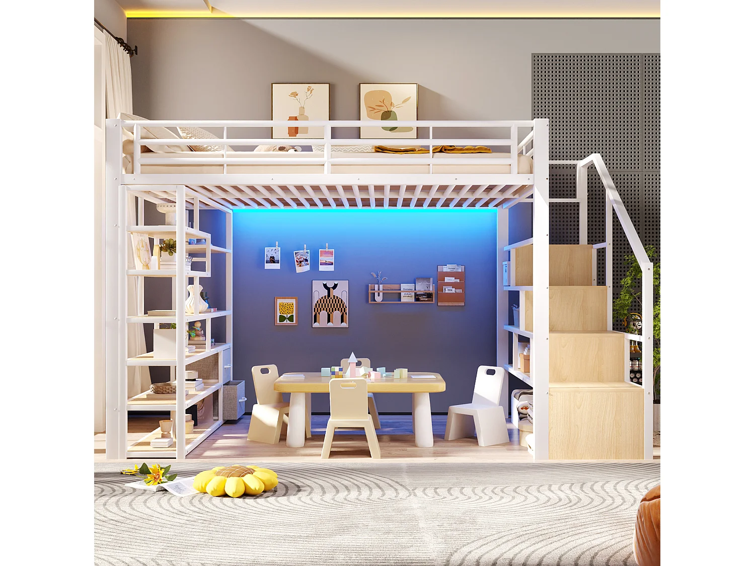 Lit mezzanine 140 x 200 cm avec marches de rangement, 2 tiroirs en tissu et étagères – Métal et MDF – LED – Blanc (Sans matelas)