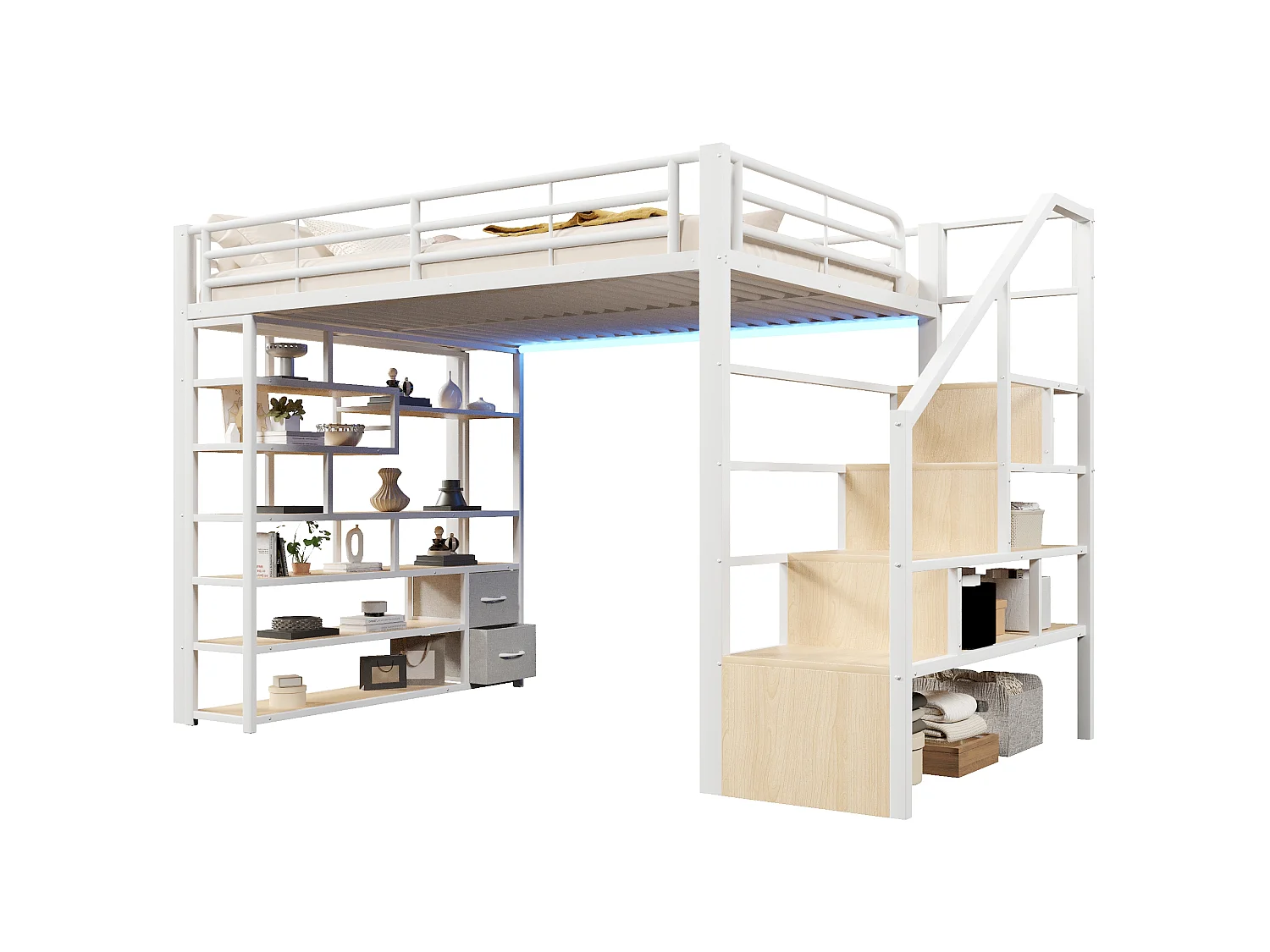 Lit mezzanine 140 x 200 cm avec marches de rangement, 2 tiroirs en tissu et étagères – Métal et MDF – LED – Blanc (Sans matelas)