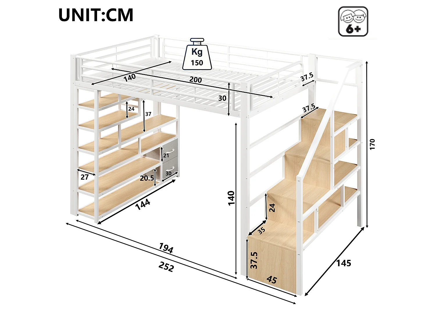 Lit mezzanine 140 x 200 cm avec marches de rangement, 2 tiroirs en tissu et étagères – Métal et MDF – LED – Blanc (Sans matelas)