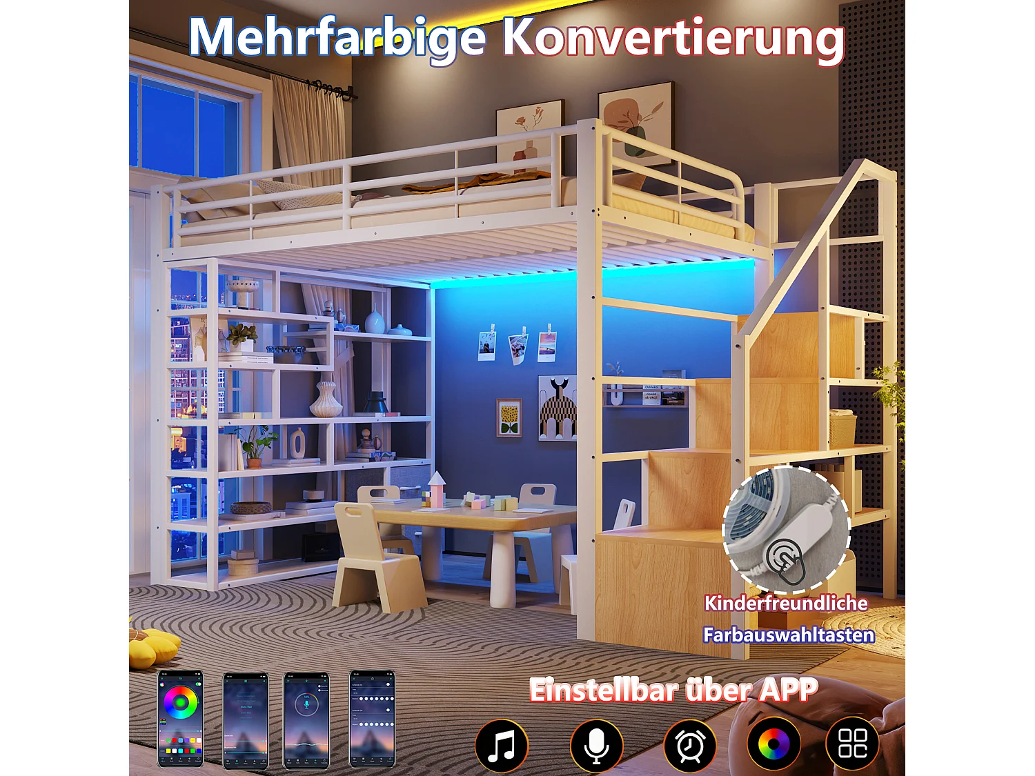 Lit mezzanine 140 x 200 cm avec marches de rangement, 2 tiroirs en tissu et étagères – Métal et MDF – LED – Blanc (Sans matelas)
